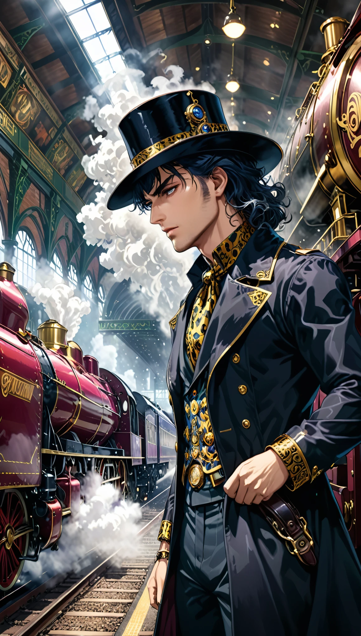 Masterpiece,Best Quality,Hyper Detailed,Cinematic Light,Intricate Detail,Highres,Official Art,Finely Detailed,High Resolution Illustration,8k,Lens Flare,Dark Intense Shadows,Detailed Background,Detailed,in style of Dante Gabriel Rossetti,in style of JoJo's Bizarre Adventure,absurdres,steam train station,a locomotive spewing steam,1boy,cowboy_hat,black coat,head_down,get out of the steam,marching,