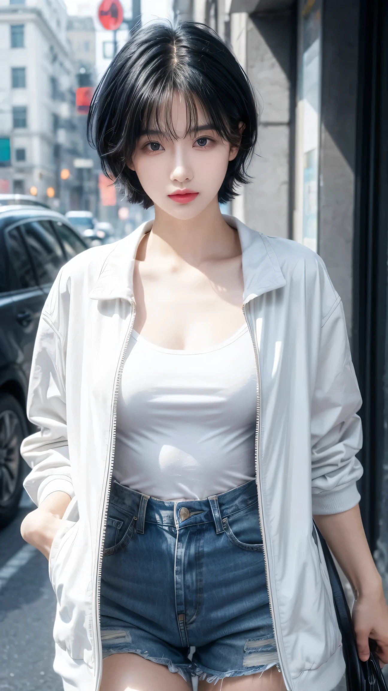 best quality, 1 Girl, dark blue hair, black eyes, Very short hair, Spiky hair, t-shirt, white jacket , High waist short jeans, 171 cm, Messy hair, Hair between the eyes, Medium breasts, full, Tomboy, aldult, 20 years old, 1 Girl
