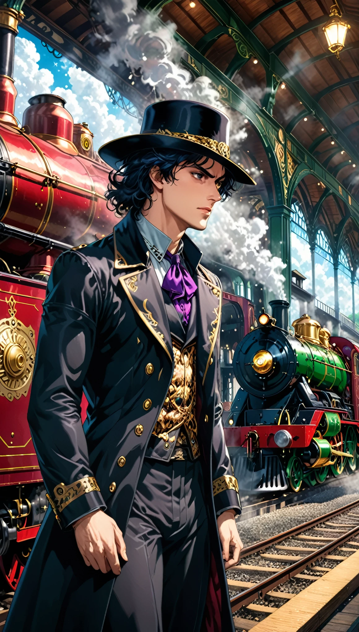 Masterpiece,Best Quality,Hyper Detailed,Cinematic Light,Intricate Detail,Highres,Official Art,Finely Detailed,High Resolution Illustration,8k,Lens Flare,Dark Intense Shadows,Detailed Background,Detailed,in style of Dante Gabriel Rossetti,in style of JoJo's Bizarre Adventure,absurdres,steam train station,a locomotive spewing steam,1boy,cowboy_hat,black coat,head_down,get out of the steam,marching,