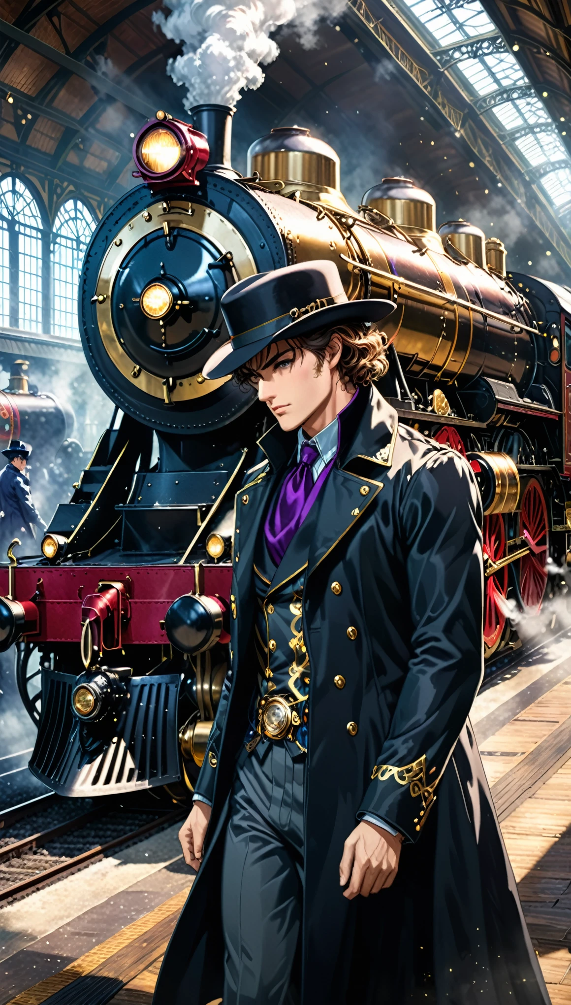 Masterpiece,Best Quality,Hyper Detailed,Cinematic Light,Intricate Detail,Highres,Official Art,Finely Detailed,High Resolution Illustration,8k,Lens Flare,Dark Intense Shadows,Detailed Background,Detailed,in style of Dante Gabriel Rossetti,in style of JoJo's Bizarre Adventure,absurdres,steam train station,a locomotive spewing steam,1boy,cowboy_hat,black coat,head_down,get out of the steam,marching,