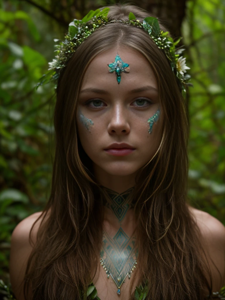 (cinematic photograph of a detailed beautiful 18-year old woman with ((facial and body characteristics that is similar to Kristina Pimenova))), (), ((Avatar Fantasy World: Theme: Otherworldly and lush fantasy. Clothing: Nature-inspired attire with earthy tones.
    Scene: A forest or a setting reminiscent of Pandora. Props: Glowing flora, tribal accessories, or face paint.)), (), (), finely detailed, ultra-realistic features of her pale skin and (slender and athletic body), and (symmetrical, realistic and beautiful face), candid, (), (), (()), (), film stock photograph,  rich colors, hyper realistic, lifelike texture, dramatic lighting, strong contrast