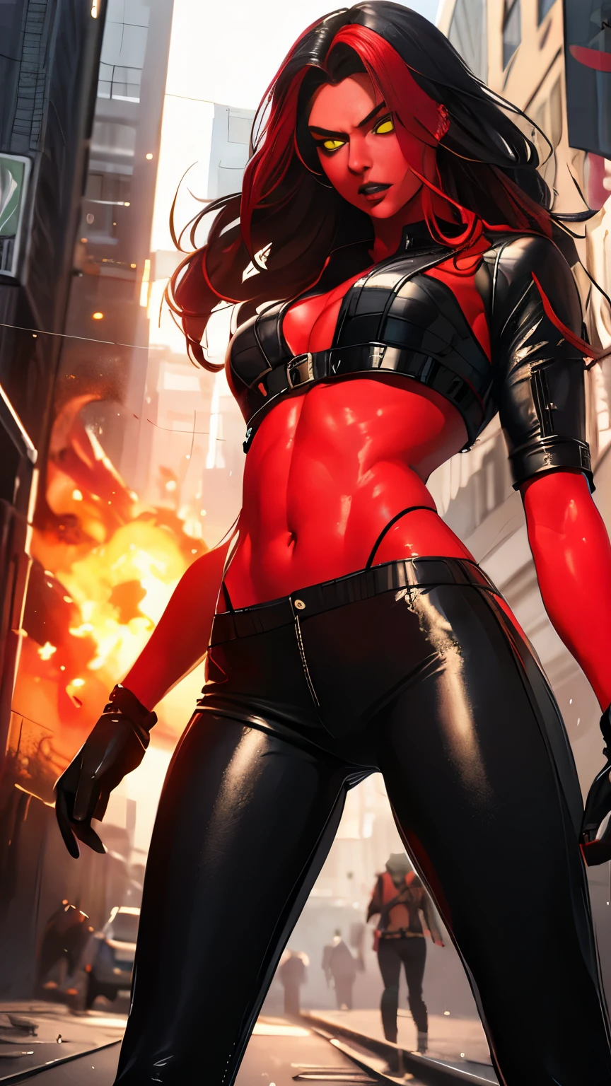 (Highly quality, masterpiece, detailed), City on Fire detailed scenario, city on fire detailed background, 20 years old girl, redshehulk, solo, Red skin, Yellow eyes, Black hair, Colored Skin, Black top, Leather top, Black pants, Leather Pants, Crop top, Black Sleeves, Long Sleeves, Black Gloves, Navel, Angry, beautiful eyes, perfect eyes, looking at the viewer, Sexy pose