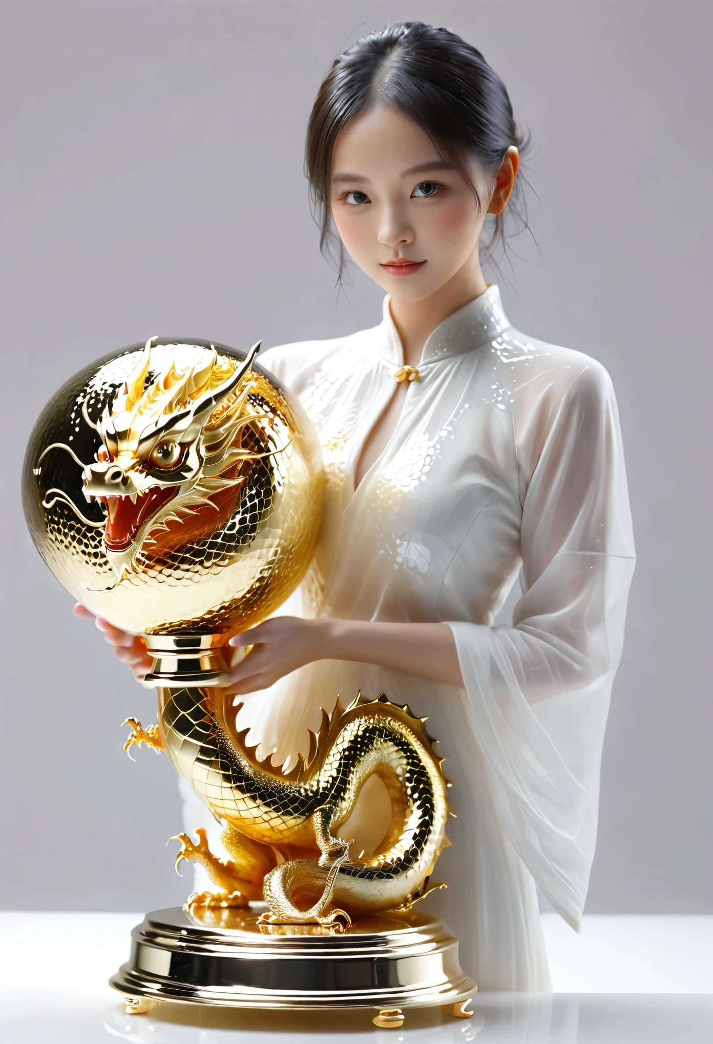beautiful girl hold a Metal texture trophy, gold, with a dragon shape in liquid holding a ball, rendered in c4dWhite background,xianxia,