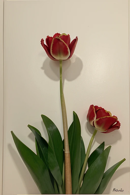 una pintura de tulipanes, color blanco rojo y rosa