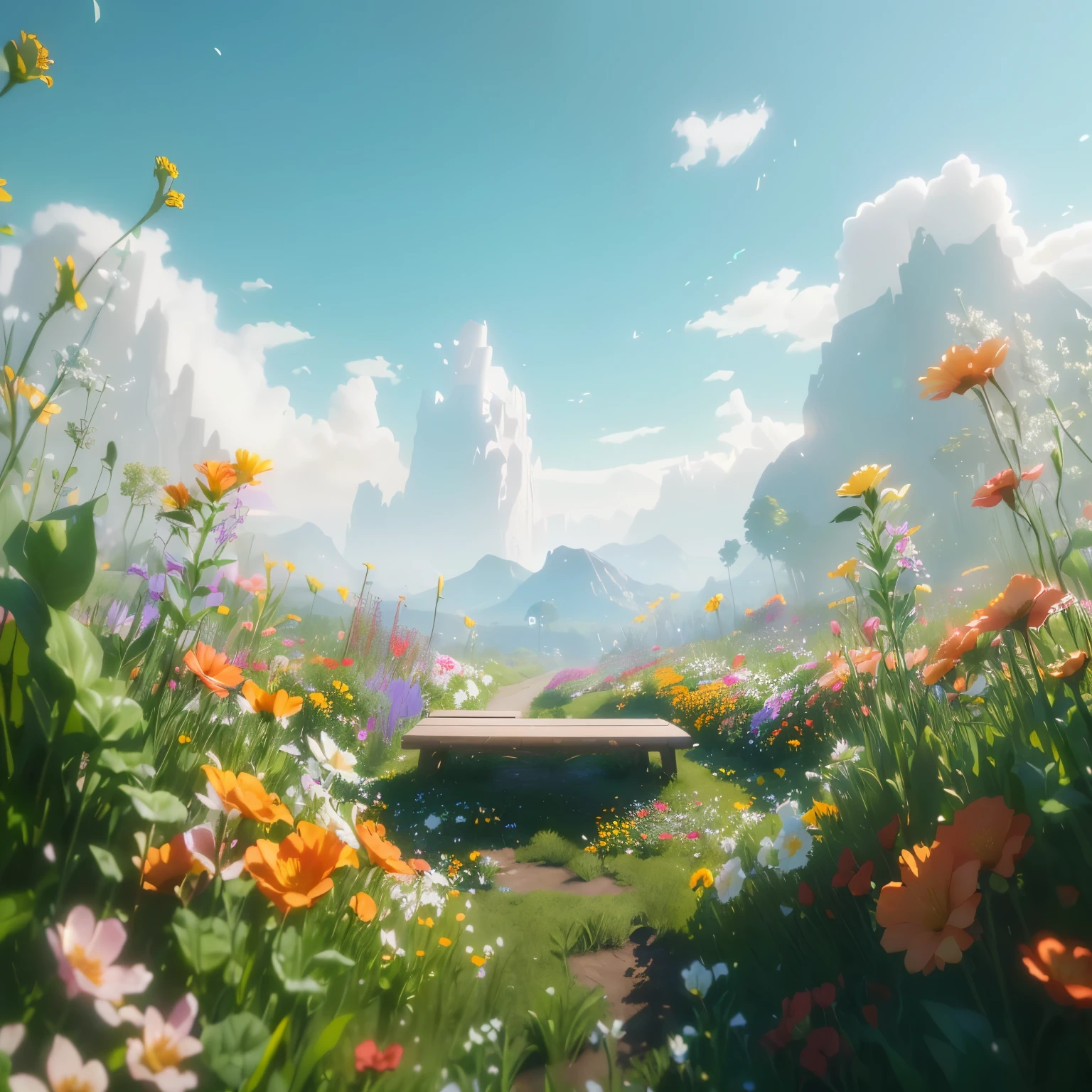 There is a small bench in the middle of the flower field, Rendering in cryengine, Flower environment, rendered in Unreal Engine 4 k hq, rendered in Unreal Engine 4k hq, Beautiful landscape rendering, rendered in 8 k Unreal Engine, Matte Background. Unreal Engine, Unreal Engine. Movie stills, 8K landscape rendering, Unreal Engine. Sigma 35mm