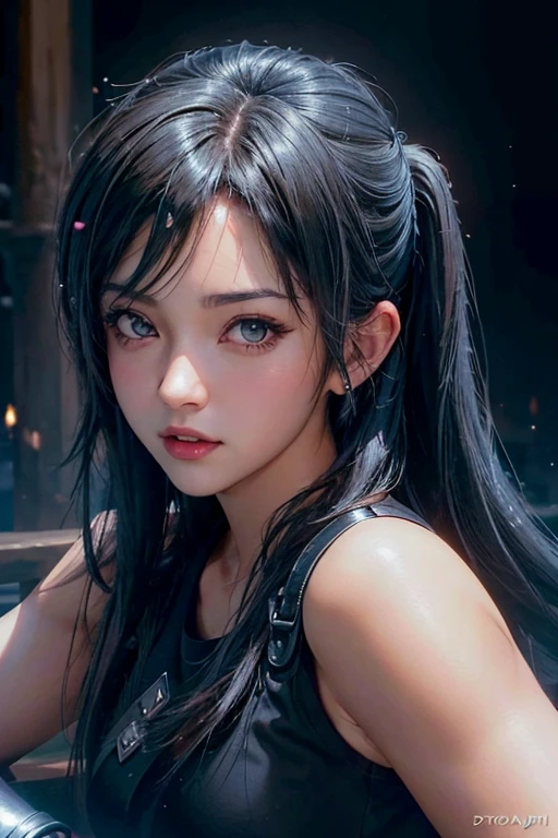 a close up of a woman in a black shirt and blue shorts, anime thai girl, tifa lockhart, tifa, tithi luadthong, senna from league of legends, portrait of tifa lockhart, photorealistic anime girl render, tifa lockhart portrait, tifa lockheart, seductive tifa lockhart portrait, trending on cgstation, game cg