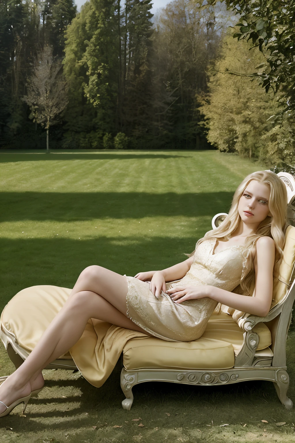 Expressionless blonde,Elegant dress,Exquisite half-length hair,Lying sideways on the chaise longue。European style terrace,Sunshine,Endless forests can be seen in the distance。Flaxen skin