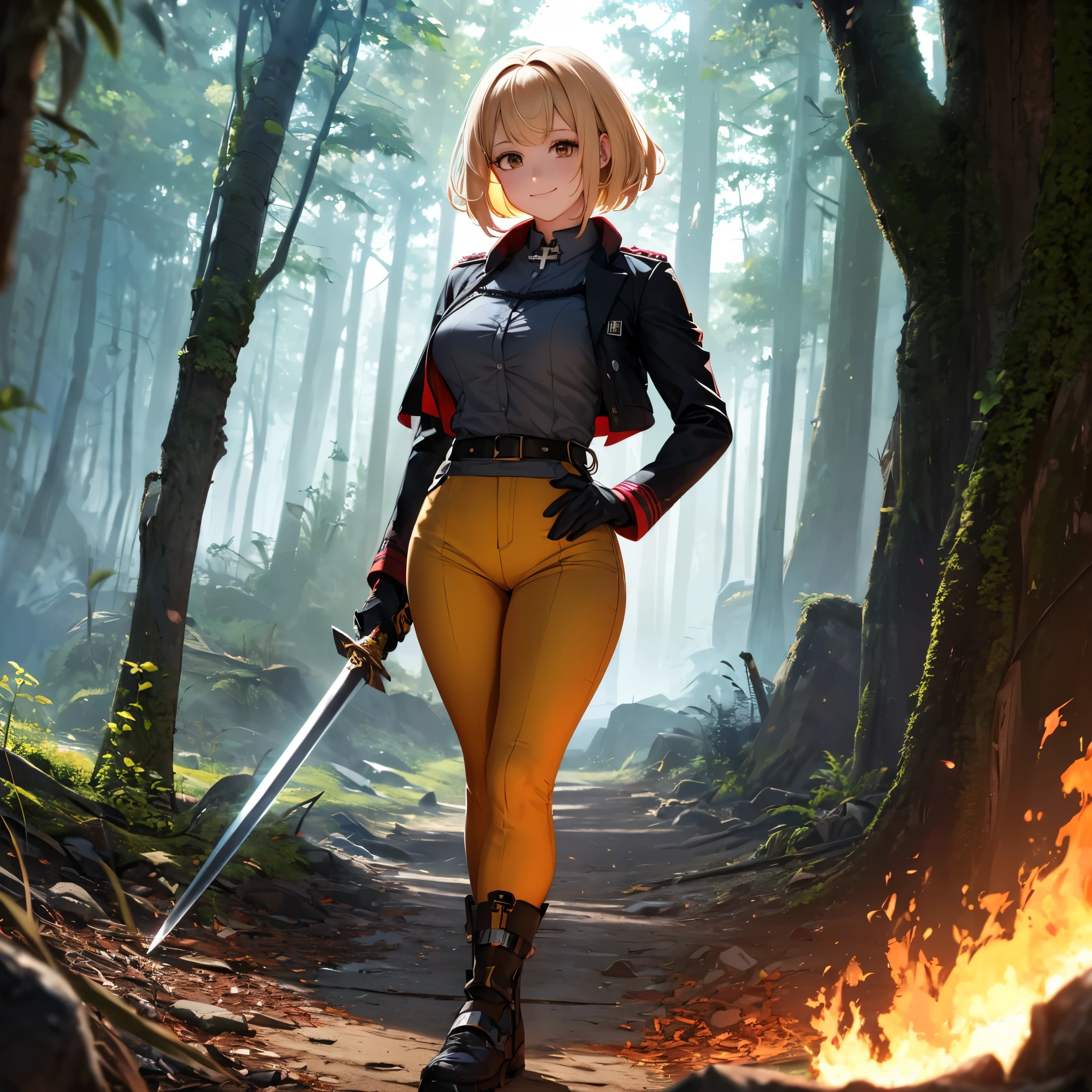 A woman wearing a classic yellow power ranger costume, tight yellow pants, yellow long sleeve shirt, white gloves, white boots, short blonde hair, red bangs, brown eyes, walking on a forest floor, holding a sword with flames red, smiling, full body, drop shadow, anaglyph, stereogram, tachi-e, point of view, atmospheric perspective, 8k, superdetail, accurate, best quality, award-winning, textured skin, high resolution, anatomically correct, bokeh effect, (( solo woman)
