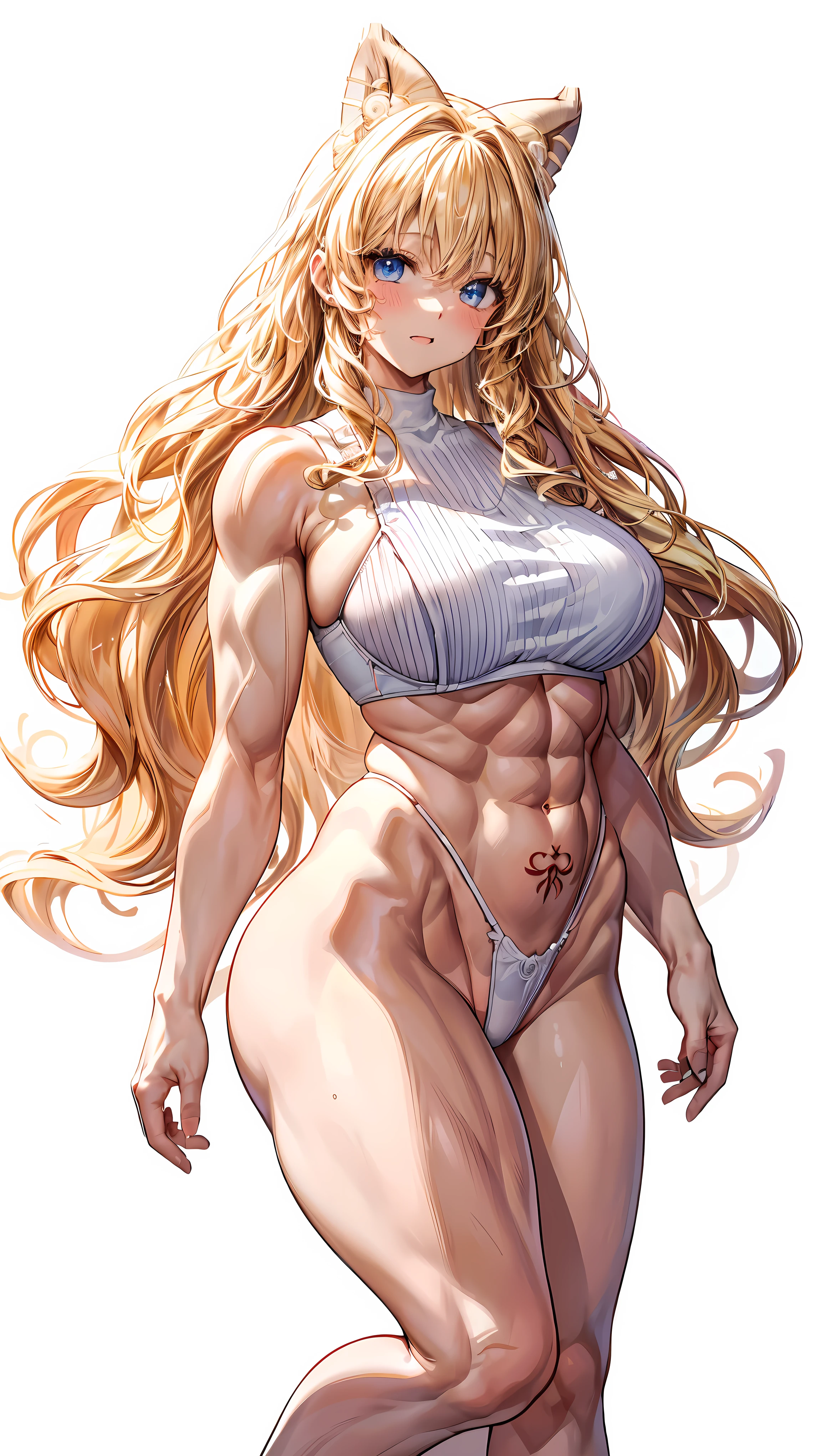 Very detailed、highest quality、Best image quality、masterpiece、8k、Anime Face、A kind smile、(Open your mouth:1.3)、Sparkling blue eyes、(Blonde Wavy Hair:1.5)、(Muscles of the whole body:1.3)、(highleg:2.0)、(Wearing a thong:1.5)、Thigh belt、(Cowboy Shot:1.5)、(SFW Giant)、(Thick body:1.2)、(bra:1.5)、(sxspnts)、(White background:1.5)