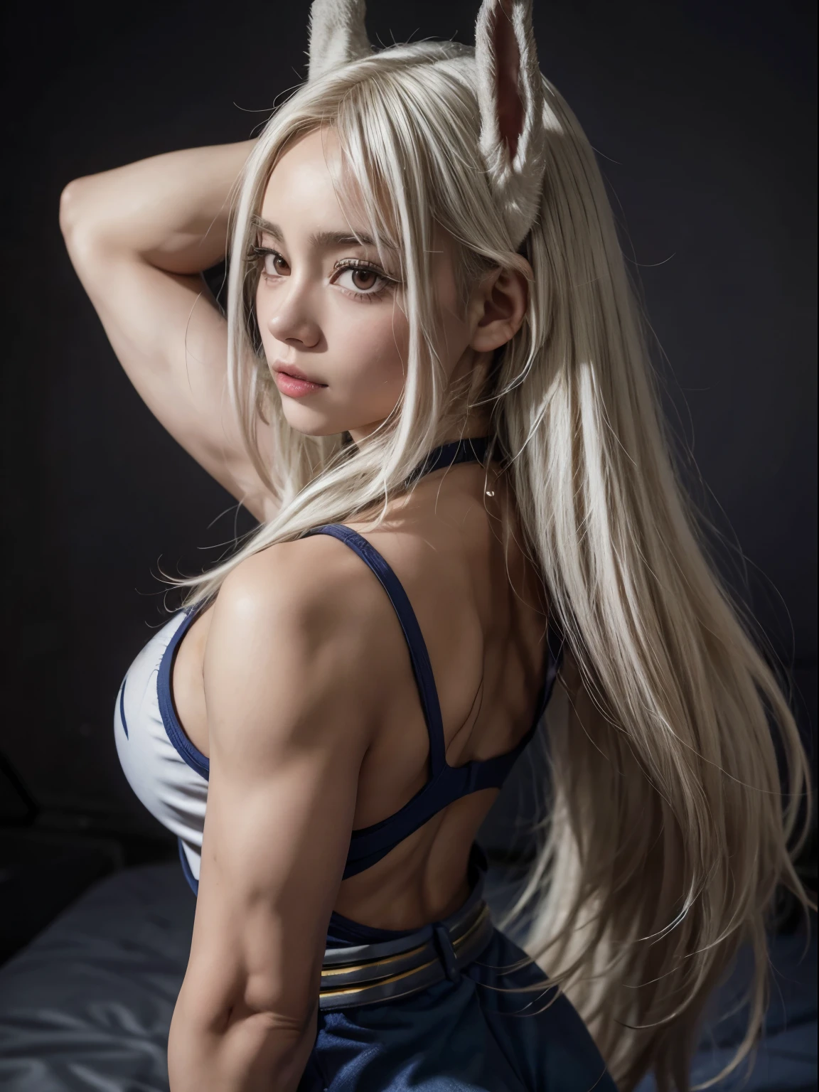 personaje de anime con un culo muy grande, Personaje del juego de lucha, Pose de lucha, posar pelirroja, strongest pose, Pose de lucha, chica musculosa, Chica en forma, Tifa Lockhart con pelo blanco, grueso, Chica perfecta de pelo blanco, high resolution commission, femenino y musculoso, seductora chica de anime, mujer anime, Chica con el pelo plateado, orejas de conejo, orejas blancas de conejo, hands behind the back, hands behind the back, 