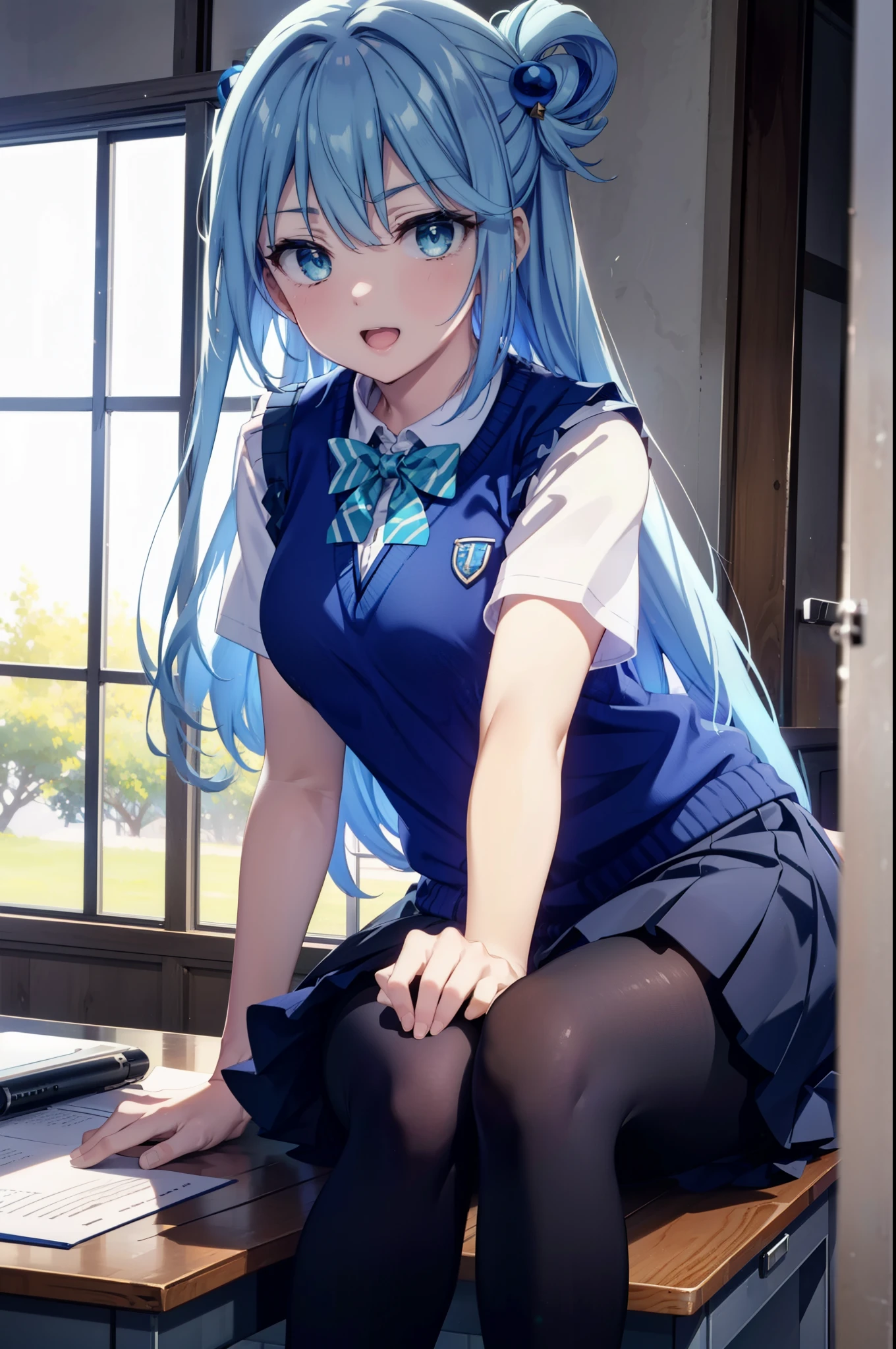 konosubaAqua, Aqua, Long Hair, blue eyes, hair ornaments, very Long Hair, Blue Hair, Hair Ring, シングルHair Ring, Hair ties,happy smile, smile, Open your mouth,
White shirt,Short sleeve,Sweater vest, (blue Sweater vest:1.5),black pleated skirt,Black pantyhose,Black Loafers,whole bodyがイラストに入るように,Sitting at a desk with legs crossed,
break door, School　classroom,crowd, people々々々,
break looking at viewer, whole body,
break (masterpiece:1.2), highest quality, High resolution, unity 8k wallpaper, (shape:0.8), (Beautiful and beautiful eyes:1.6), Highly detailed face, Perfect lighting, Extremely detailed CG, (Perfect hands, Perfect Anatomy),