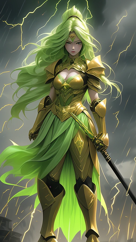 Green fluorescent long hair, golden forehead protector for women, black fluorescent armor, chest, cleavage, iron armor, skirt, iron boots, naginata, whole body, dark clouds and lightning