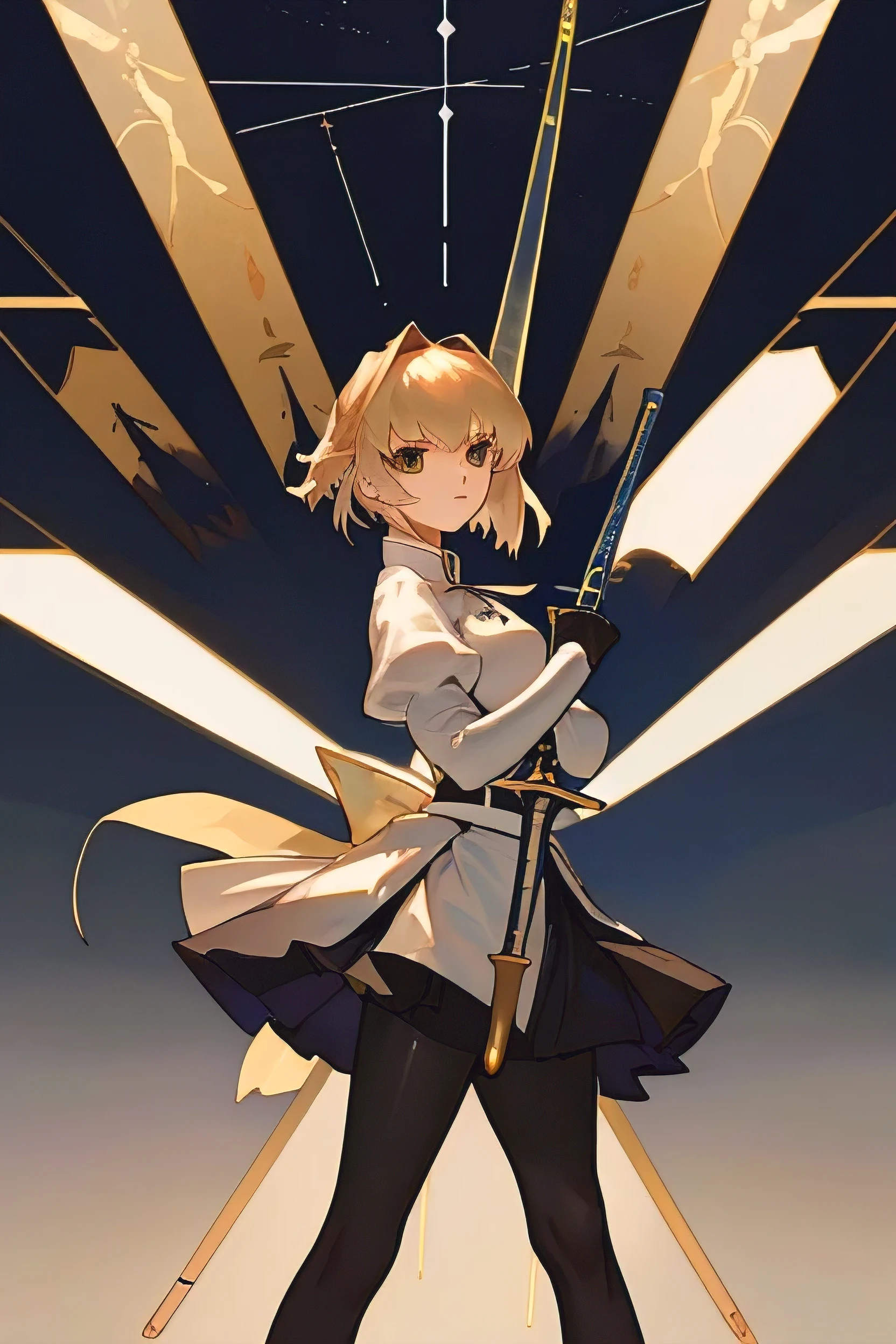 best quality, masterpiece, highres, solo, {saber_fatestaynightufotable:0.90}, 1girl, skirt, pantyhose, shinai