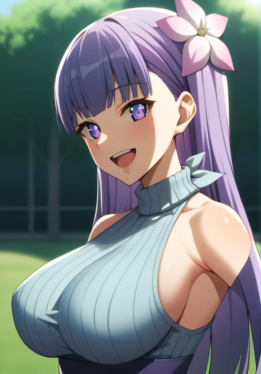 1girl, long hair, purple hair, amputee, hair ornament, no arms , knitted sweater, bare shoulders, large breasts, purple eyes, smile, open mouth, from side, looking at viewer, outdoors, park score_9, score_8_up, score_7_up, score_6_up, score_5_up, score_4_up, BREAK source_anime, armless,