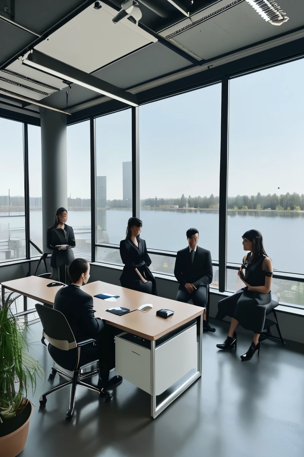 It is an indoor-outdoor scene.。Inside an office on the top floor of a modern office building，8 staff members in black suits sitting in front of the busy office，A cup of coffee per person，You can see the beautiful ground industrial park landscape outside the window through the floor-to-ceiling windows，There are industrial park buildings、Lake view and waterfront park，Medium scene，Renderings style，Bird&#39;s-eye view