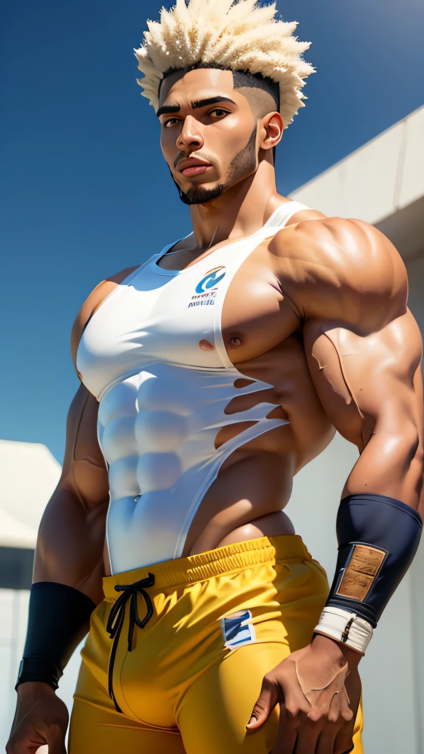 obra de arte, anime CG, garoto, cabelo curto branco, pele cor de caucasiano, muscles, sports garoto, vestindo uniforme de basquete, Textura suave, textura de seda , Alunos de ouro, olhos perfeitos  