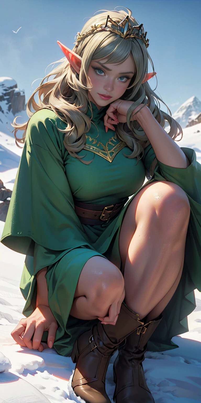 1sologirl ((Cinematic light, Best quality, 8k, Masterpiece :1.3)) (extremely detailed:1.2), (extremely detailed face), (photorealistic:1.2) (ultra detailed) 8k, look at viewer, snowy mountains background, 8k, Hud, soft lighting, high quality, beautiful, professional, hyperrealist, Hyperdetailed, soft shadows, masterpiece, best quality, ultra realistic, 8k, golden ratio, intricate, High Detail, soft focus long hair, dark green hair, flower, looking at viewer, wavy hair, female focus, female, green dress, lips, closed mouth, dress, green eyes, flower, eyelashes, birds (((mature))) ((long elven ears)) (((golden tiara))) (full body shot) sitting, mature (((elegant))) ((high res)) (((bitch face))) ((smug)) ((self-complacent)) ((queen)) (((snow))) boots, (lady)