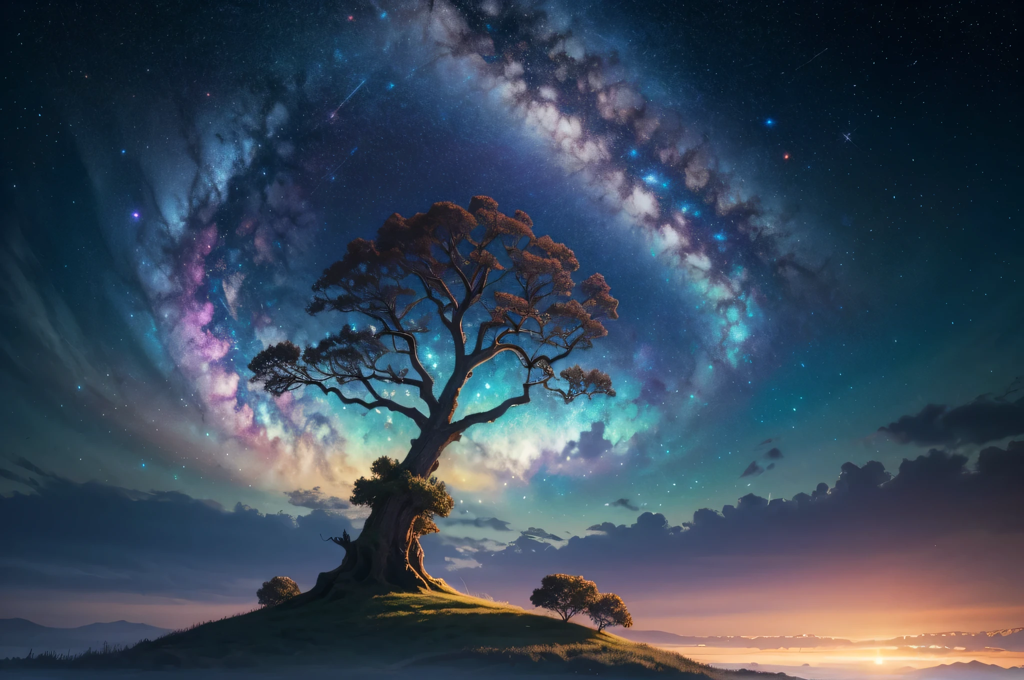 (Majestic, Glowing Tree:1.1, Fantasy), (Vibrant colors:1.1, colorful), (Double Exposure, galaxy-like scenery), (Bright light, Dreamy atmosphere), (highest quality, High resolution), (landscape, nature), (Mysterious, Magic, Fascinating), (peaceful, quiet), (Mysterious, Surreal), (Starlight, Sparkling), (Harmonious, Balanced), (soft, kind), (Calm, Breathtakingly beautiful).