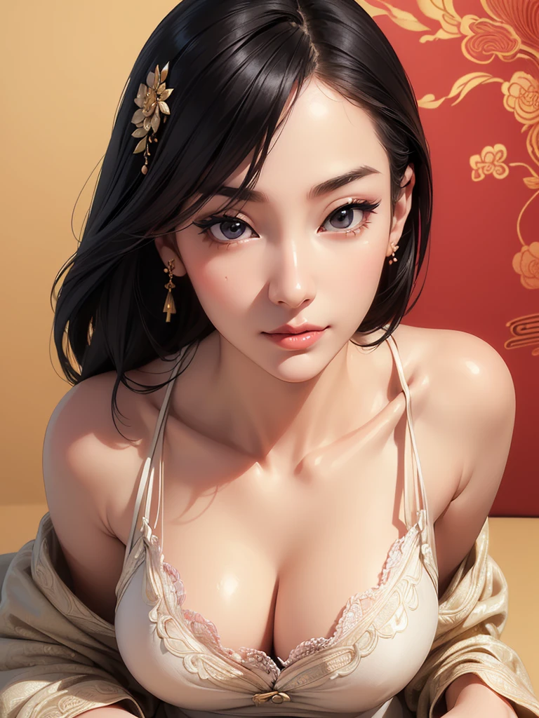 (best quality,ultra-detailed,realistic:1.37),(Korean:1.1)(beautiful detailed dress,adult,woman,detailed description),(beautiful detailed woman,beautiful Chinese background,exposed collarbone),(black eyes,natural eyes,realistic facial features,beautiful leg line),(sexy,full body photo,realistic body proportions,accurate eye ratio),(frontal photo,realistic and slender face)