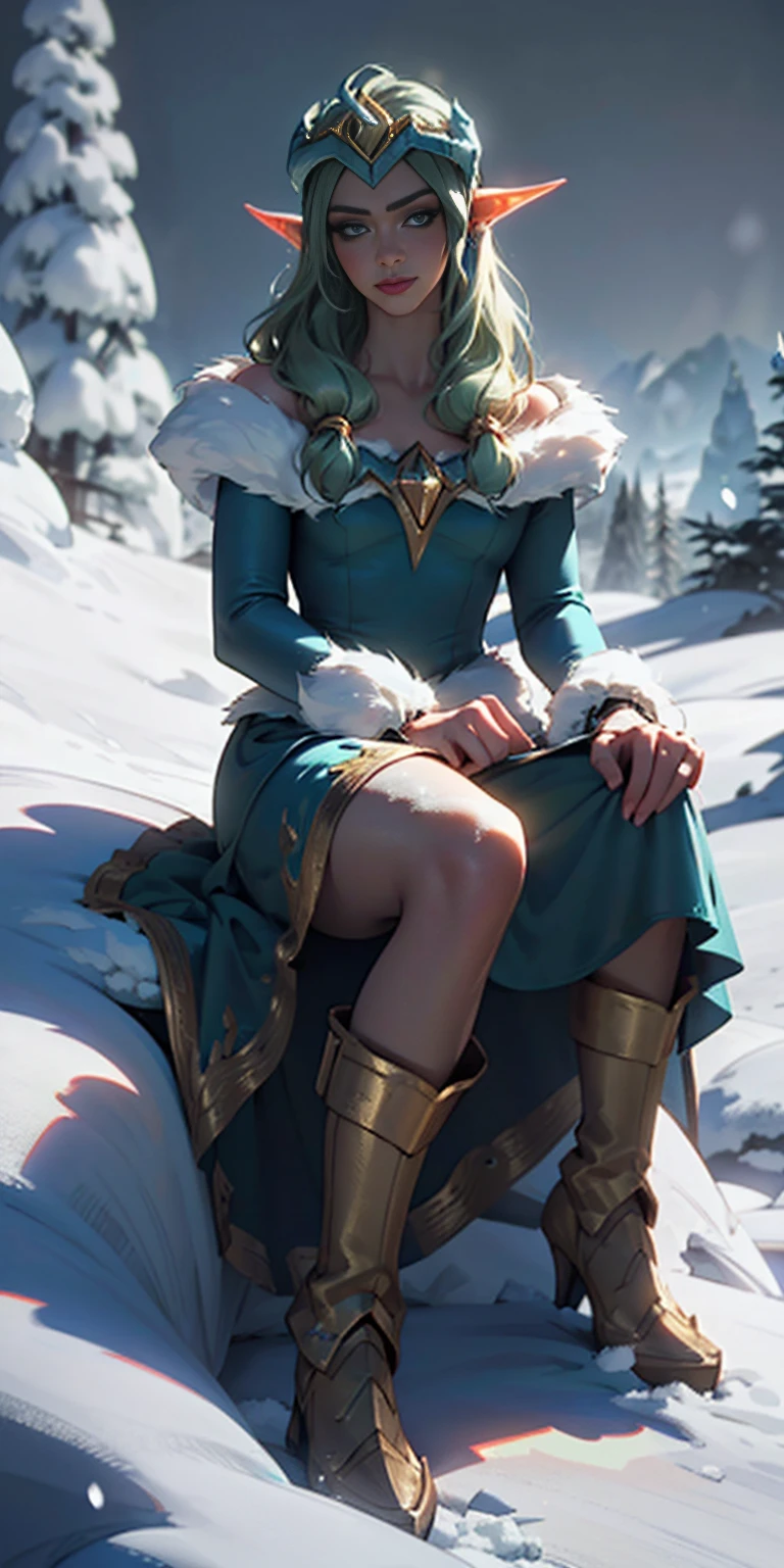 1sologirl ((Cinematic light, Best quality, 8k, Masterpiece :1.3)) (extremely detailed:1.2), (extremely detailed face), (photorealistic:1.2) (ultra detailed) 8k, look at viewer, snowy mountains background, 8k, Hud, soft lighting, high quality, beautiful, professional, hyperrealist, Hyperdetailed, soft shadows, masterpiece, best quality, ultra realistic, 8k, golden ratio, intricate, High Detail, soft focus long hair, dark green hair, flower, looking at viewer, wavy hair, female focus, female, green dress, lips, closed mouth, dress, green eyes, flower, eyelashes, birds (((mature))) ((long elven ears)) (((golden tiara))) (full body shot) sitting, mature (((elegant))) ((high res)) (((bitch face))) ((smug)) ((self-complacent)) ((queen)) (((snow))) boots, (lady)