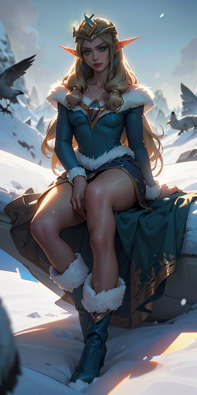 1sologirl ((Cinematic light, Best quality, 8k, Masterpiece :1.3)) (extremely detailed:1.2), (extremely detailed face), (photorealistic:1.2) (ultra detailed) 8k, look at viewer, snowy mountains background, 8k, Hud, soft lighting, high quality, beautiful, professional, hyperrealist, Hyperdetailed, soft shadows, masterpiece, best quality, ultra realistic, 8k, golden ratio, intricate, High Detail, soft focus long hair, dark green hair, flower, looking at viewer, wavy hair, female focus, female, green dress, lips, closed mouth, dress, green eyes, flower, eyelashes, birds (((mature))) ((long elven ears)) (((golden tiara))) (full body shot) sitting, mature (((elegant))) ((high res)) (((bitch face))) ((smug)) ((self-complacent)) ((queen)) (((snow))) boots, (lady)