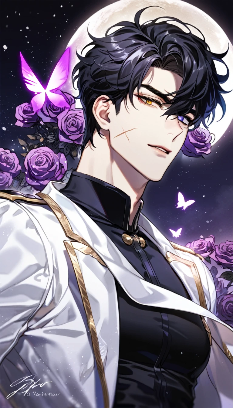 (absurdres, highres, ultra detailed, HDR) master piece, best quality, perfect face, delicate features, Yoo Joonghyuk, black hair, heterochromia, right eye yellow, left eye gray, Omniscient reader's viewpoint, scar on the left cheek, solo, sexy man, handsome, white coat, black tight shirt, moon, purple flames, purple butterflies, purple roses, starry sky