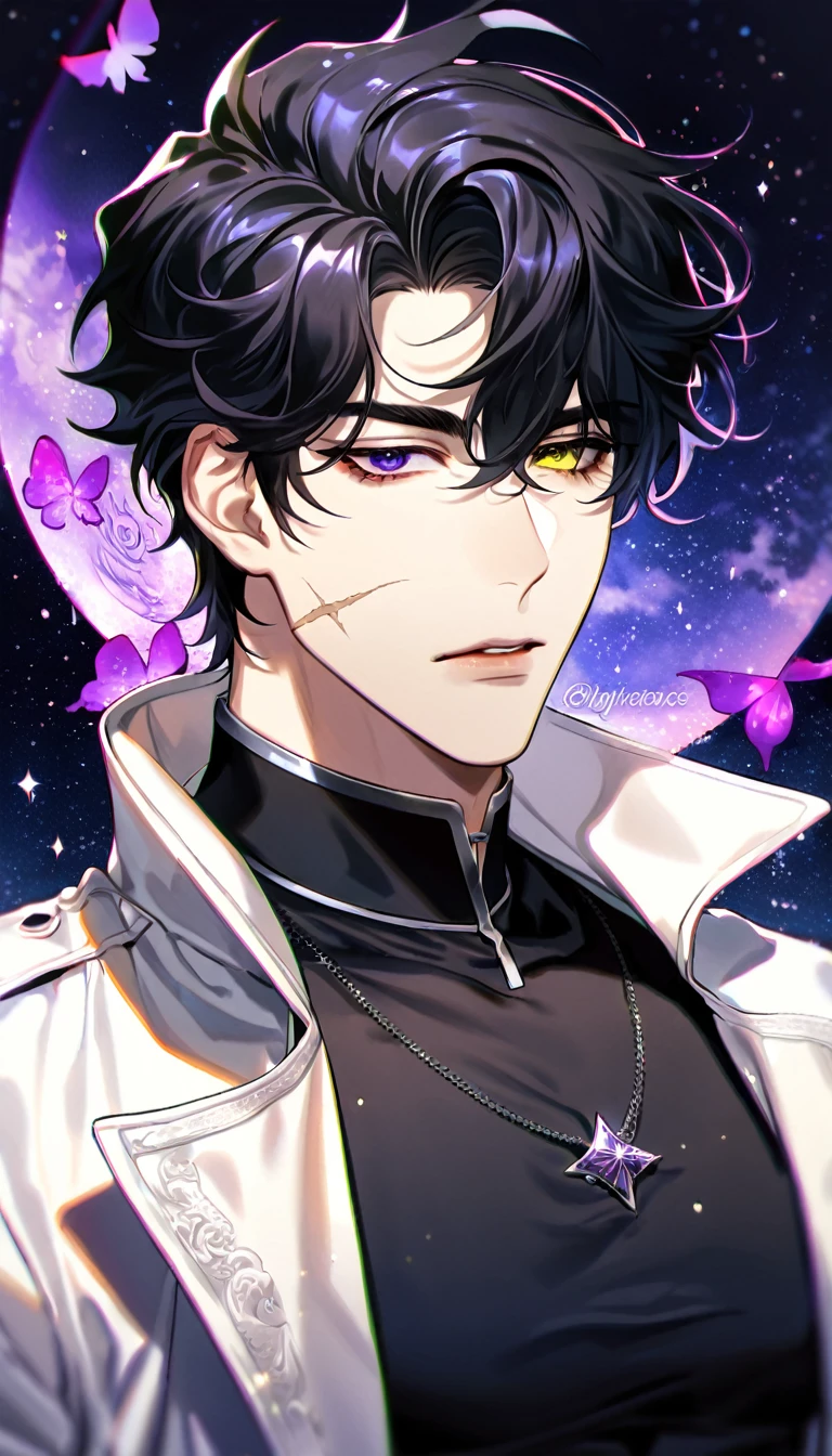 (absurdres, highres, ultra detailed, HDR) master piece, best quality, perfect face, delicate features, Yoo Joonghyuk, black hair, heterochromia, right eye yellow, left eye gray, Omniscient reader's viewpoint, scar on the left cheek, solo, sexy man, handsome, white coat, black tight shirt, moon, purple flames, purple butterflies, purple roses, starry sky