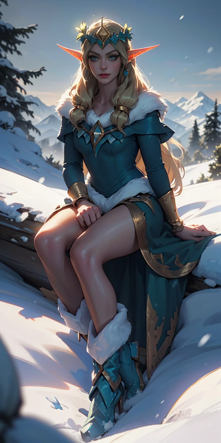 1sologirl ((Cinematic light, Best quality, 8k, Masterpiece :1.3)) (extremely detailed:1.2), (extremely detailed face), (photorealistic:1.2) (ultra detailed) 8k, look at viewer, snowy mountains background, 8k, Hud, soft lighting, high quality, beautiful, professional, hyperrealist, Hyperdetailed, soft shadows, masterpiece, best quality, ultra realistic, 8k, golden ratio, intricate, High Detail, soft focus long hair, dark green hair, flower, looking at viewer, wavy hair, female focus, female, green dress, lips, closed mouth, dress, green eyes, flower, eyelashes, birds (((mature))) ((long elven ears)) (((golden tiara))) (full body shot) sitting, mature (((elegant))) ((high res)) (((bitch face))) ((smug)) ((self-complacent)) ((queen)) (((snow))) boots, (lady)