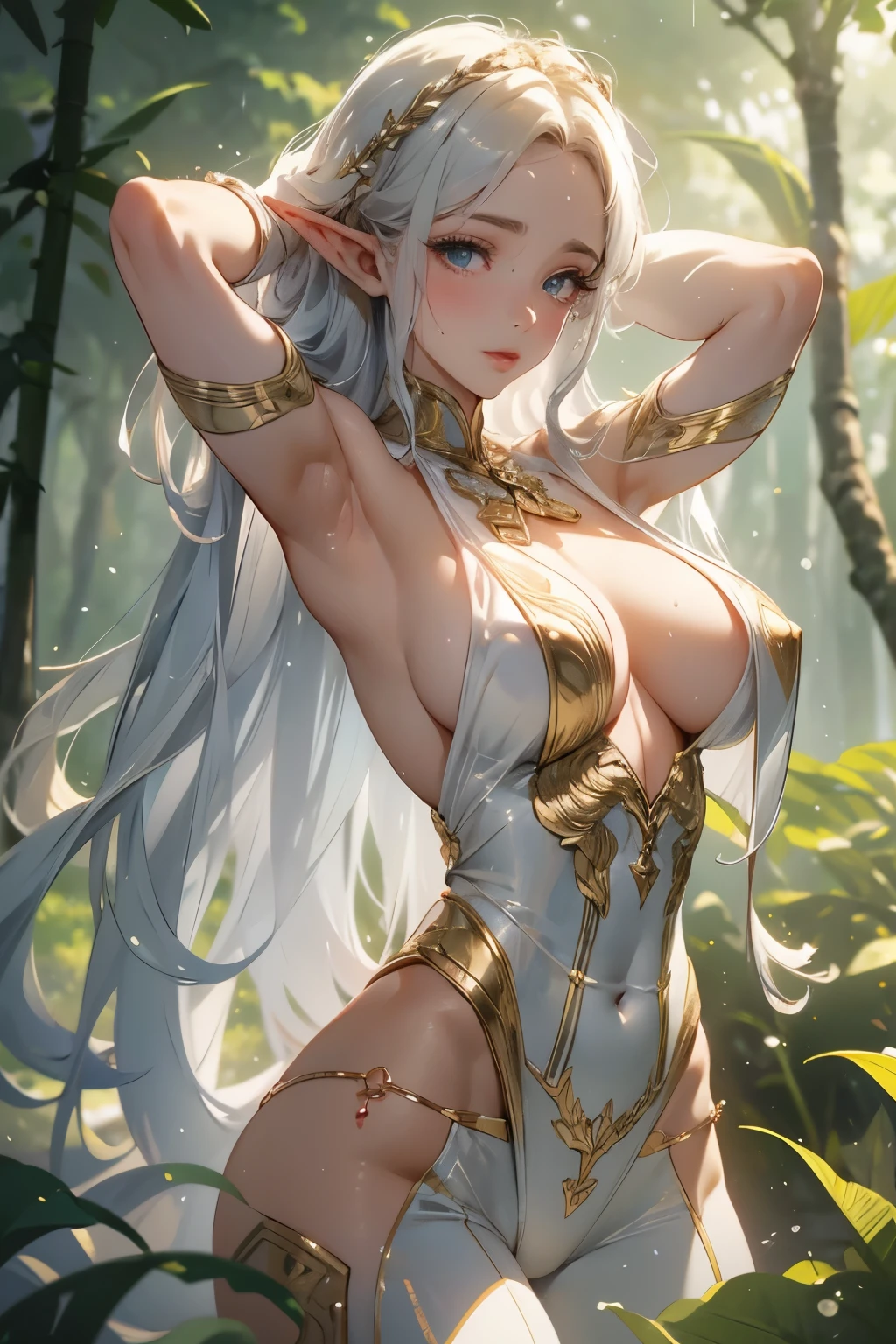 Sensual elf smiling from behind, with her private parts marked on her clothes by the water, showing her enormous wide and tight butt, with an angelic face with wet hair, exhausted, ultra realistic, hands behind her head: with semi-transparent costume very tight. Semi-transparent clothing, semi-transparent white and red clothing with gold details. A thin elf but with a curvy silhouette, with very wide hips and a tiny, super realistic waist. Her porcelain white skin shining under the natural light of the forest. Her beautiful, hyper-detailed, realistic features come to life in this cinematic image. Her voluptuous elven clothing clings to her body, showing off her perfect anatomical measurements and super-resolution details. The clothes are tight accentuating every curve of her, beads of sweat with detail on her skin, held by a spear-type sword between her hands, with elven details when holding it with both hands, her muscles that are gently marked on the abdomen and with many nuances. super feminine... The setting is a serene forest, with dappled sunlight filtering through the trees, casting an ethereal glow on the scene. (3:3 - 16:9 - q