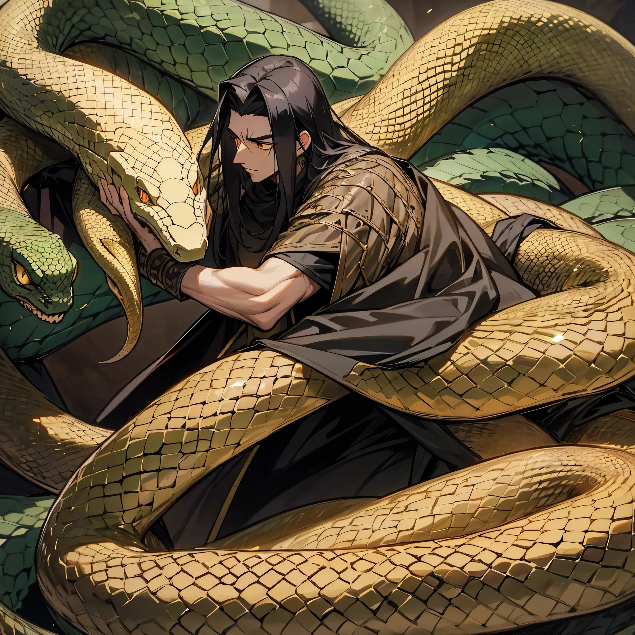 anime panel. A large male with snake scales on his face, sharp serpent gold eyes, with long dark black hair, tan shirt, snake skin armor, serpent wrapping around him, long cape, Jörmungandr inspired