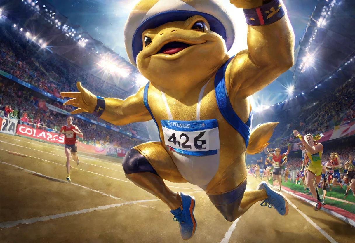 (best quality,4k,highres,masterpiece:1.2),ultra-detailed,realistic,portrait,golden,toad trophy,athlete celebrating,victory,first place,sprinter,golden trophy,happiness,excitement,elation,winning,congratulations,achievement,gold medal,athletic,fitness,joyful,energetic,competitive,fast,explosive,start line,determination,motion,crowd cheering,sports event,athleticism,hard work,career milestone,stadium,runner,golden hue,spotlight,golden sunlight,shining success,athletic prowess,passion,strength,agility,euphoria,graceful,fast-paced,dynamic,effort,pride,exhilaration,competitive spirit,tribute,glory,honour,dedication,cheering crowd