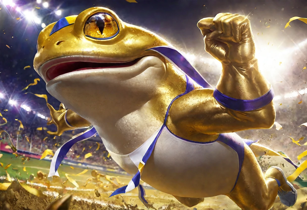 (best quality,4k,highres,masterpiece:1.2),ultra-detailed,realistic,portrait,golden,toad trophy,athlete celebrating,victory,first place,sprinter,golden trophy,happiness,excitement,elation,winning,congratulations,achievement,gold medal,athletic,fitness,joyful,energetic,competitive,fast,explosive,start line,determination,motion,crowd cheering,sports event,athleticism,hard work,career milestone,stadium,runner,golden hue,spotlight,golden sunlight,shining success,athletic prowess,passion,strength,agility,euphoria,graceful,fast-paced,dynamic,effort,pride,exhilaration,competitive spirit,tribute,glory,honour,dedication,cheering crowd