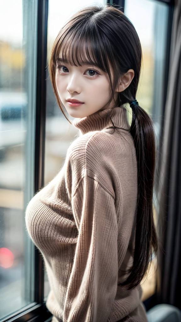 masterpiece, Best Quality, 8K, 20 yo, (huge breasts), cuddly, Solo, sad, Cute, Girly, Delicate girl, Neat and clean beauty, Raw photo, Professional Photography, Portrait, Soft light, Professional Lighting, Back lighting, Upper body, front view, Sophisticated, Film grain, (Eyes and faces with detailed:1.0), short length floating hair, beautiful flowing hair, bangs, The hairstyle is twin tails, wearing a pink turtleneck sweater