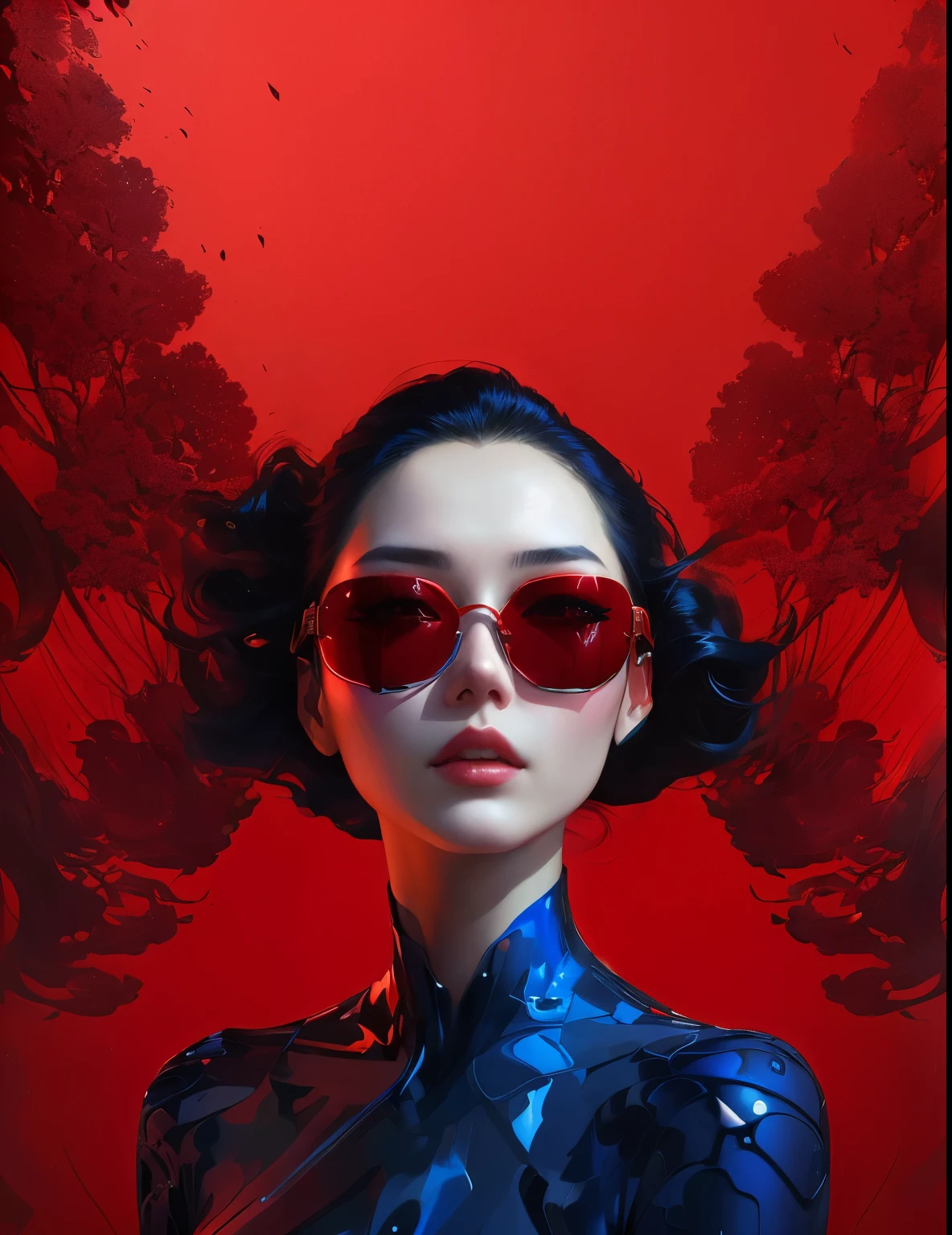 A man wearing red sunglasses、arafed image of woman in blue dress, jingna zhang, Fine Art Fashion Photography, Portrait shoot, futuristic woman portrait, Fashion futuristic woman, inspired by Yanjun Cheng, Carol Buck Wood, Natalie Shaw Tom Bagshaw, Popular Japanese 3D Ultra Detailed, 8k Artistic Portrait Photography, byGalen Dara