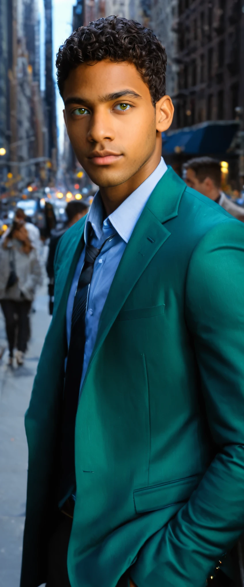 Portada de libro, fondo edificios azules con luces new york, en enfrente dos hombres, uno rubio de ojos azules mirada seria y viste traje negro, At his side, a young brown man with tender green eyes is dressed casually.