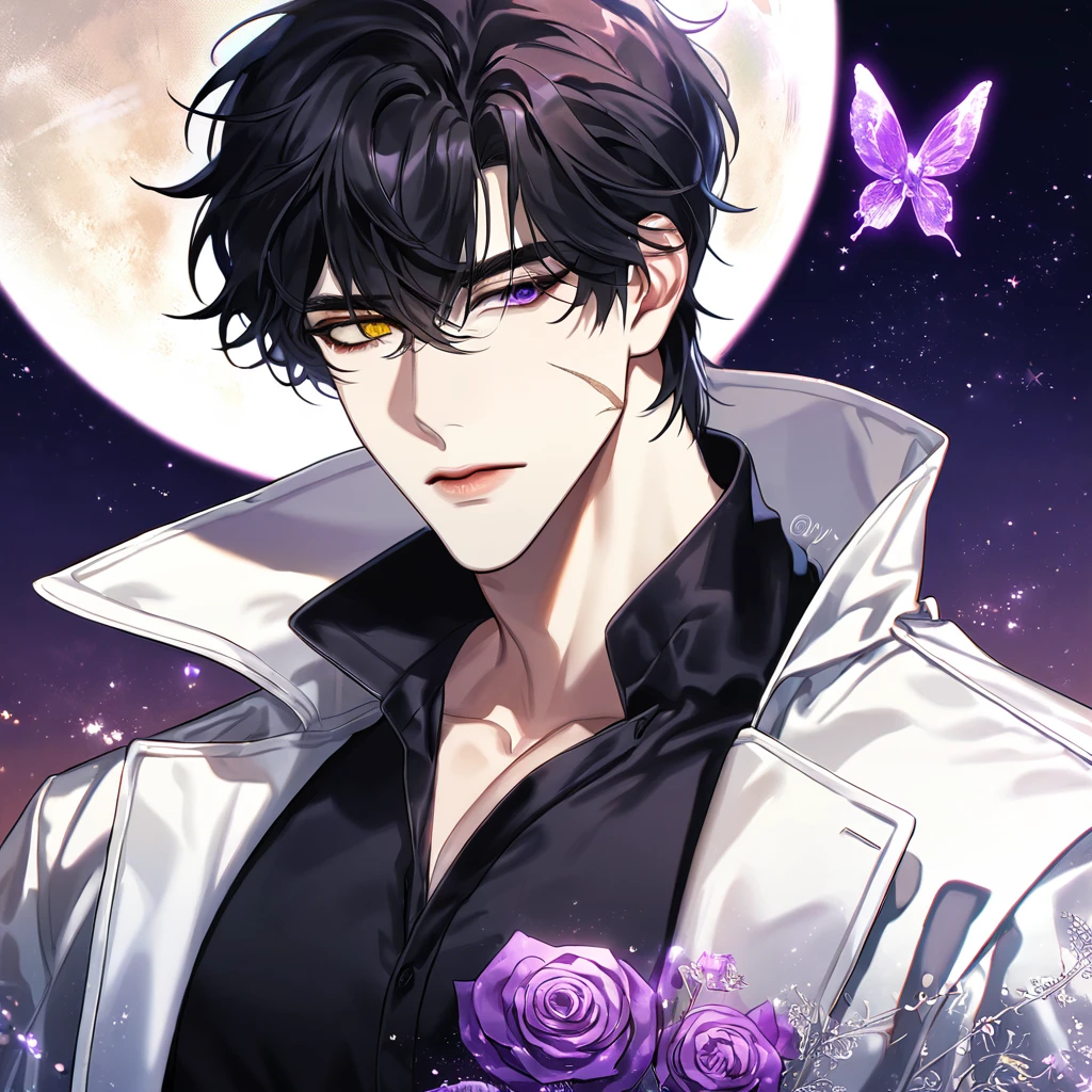 (absurdres, highres, ultra detailed, HDR) master piece, best quality, perfect face, delicate features, Yoo Joonghyuk, black hair, heterochromia, right eye yellow, left eye gray, Omniscient reader's viewpoint, scar on the left cheek, solo, sexy man, handsome, white coat, black tight shirt, moon, purple flames, purple butterflies, purple roses, starry sky