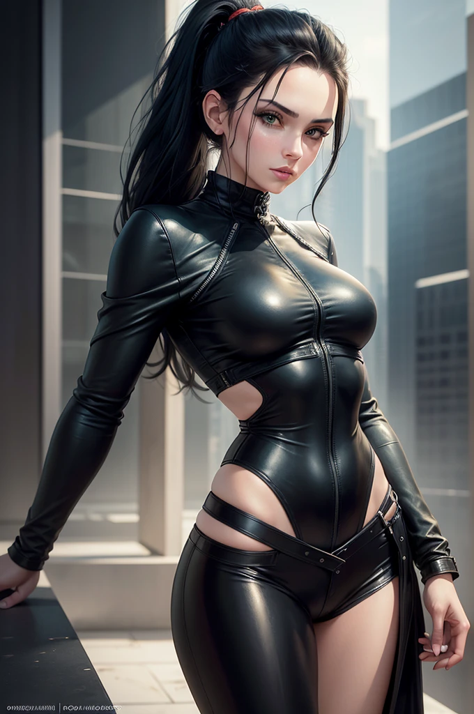 Kristen Crook, Black Hair, Ponytail, With beautiful green eyes, Wearing a black leather jacket and black leather pants, In a modern city background full of glass buildings, best quality, 8k, Delicate skin texture, Detailed fabric texture, Beautiful and delicate face, Complex high detail, Super detailed. Beautiful lighting and composition make this work a true masterpiece, Drew Struzan Style. Golden Ratio. Full-length plan.