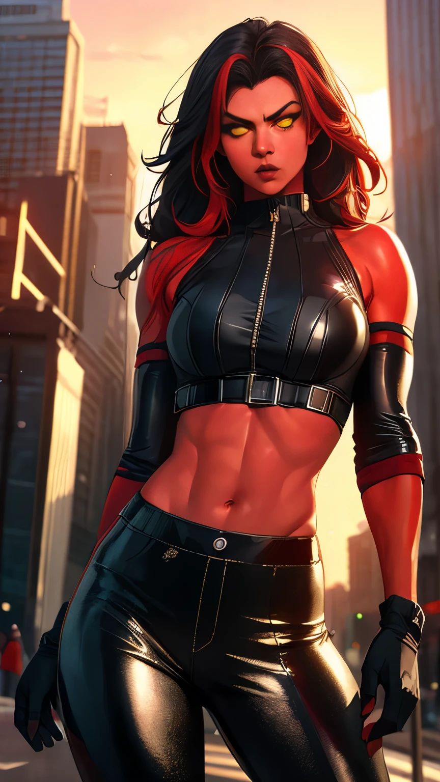 (Highly quality, masterpiece, detailed), City on Fire detailed scenario, city on fire detailed background, 20 years old girl, redshehulk, solo, Red skin, Yellow eyes, Black hair, Colored Skin, Black top, Leather top, Black pants, Leather Pants, Crop top, Black Sleeves, Long Sleeves, Black Gloves, Navel, Angry, sitting on a rock, beautiful eyes, perfect eyes, looking at the viewer, Sexy pose