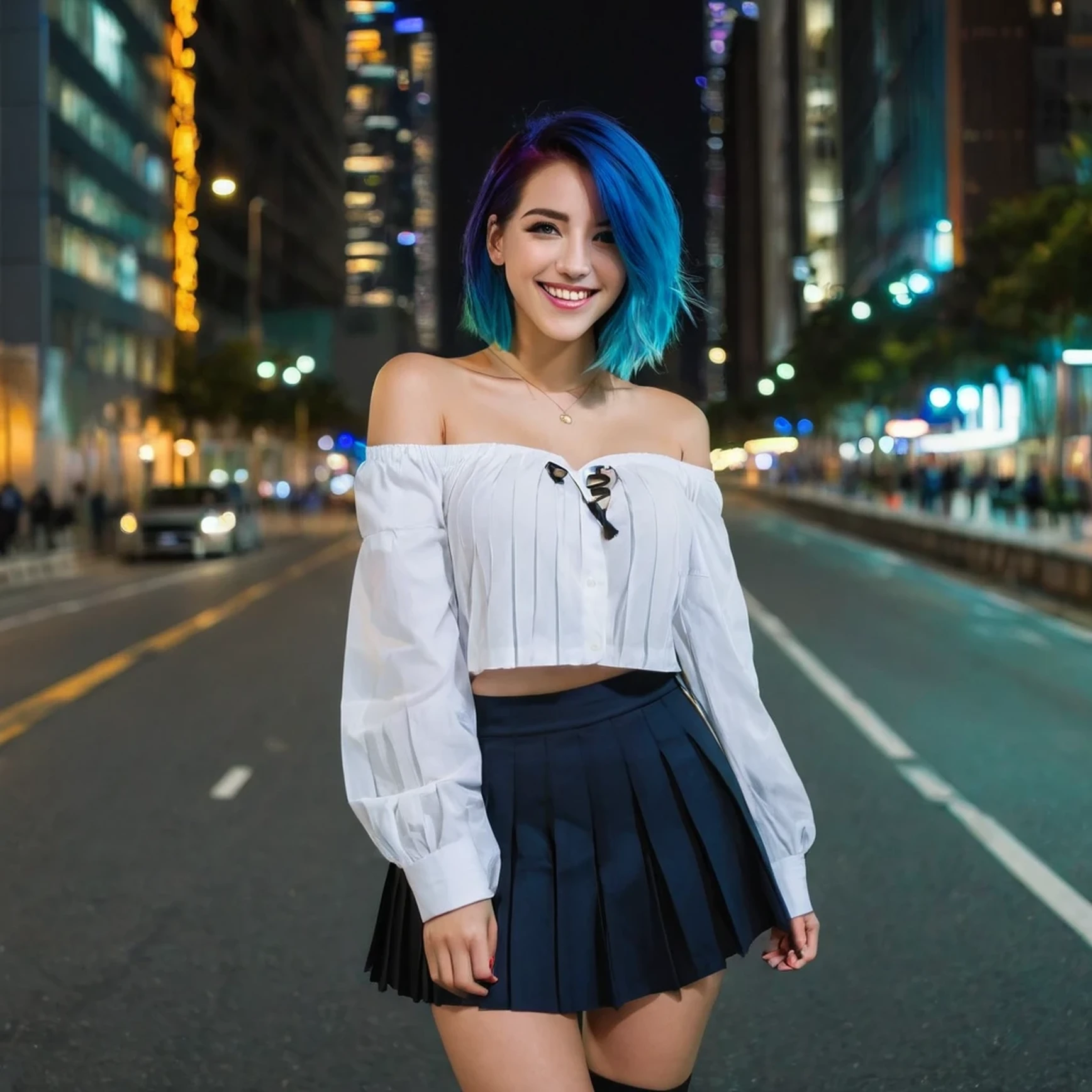 1girl, black_skirt, blue_hair, building, city, cityscape, hair_between_eyes, jacket, looking_at_viewer, medium_hair, multicolored_hair, multiple_boys, night, off_shoulder, outdoors, pleated_skirt, road, shirt, skirt, skyscraper, smile, solo_focus, street, white_shirt