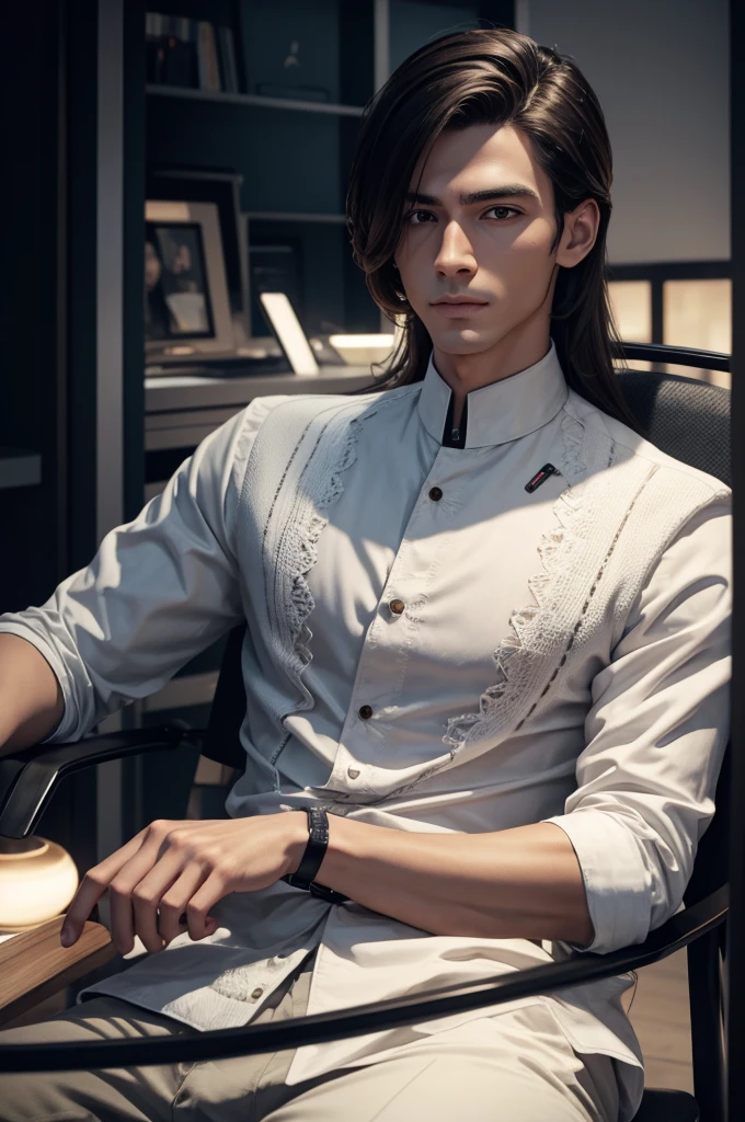 8k,A sophisticated 3D RendeRing of a supeR detailed beautiful poRcelain pRofile of a young male andRoid#39;s face, cyboRgs, Robot details, 150 mm, Beautiful studio soft light, Side lights, vivid details, luxuRiouscybeRpunk, Lace, A hypeR-Realistic, Anatomical, facial muscles, electRic wiRes, micRochips, elegant, beatiful backgRounds, octane, H 型. R. gigeR, 8k, Top quality, tmasteRpiece, illustaRtion, extRemely delicate and beautiful, ExtRemely detailed, computeR gRaphics, unit, wall-, incredible, Fine details, tmasteRpiece, Top quality, official aRts, Highly detailed 8k computeR gRaphics wallpapeR, , silveR gaRme, ((Full Body Love)), sit,youth
