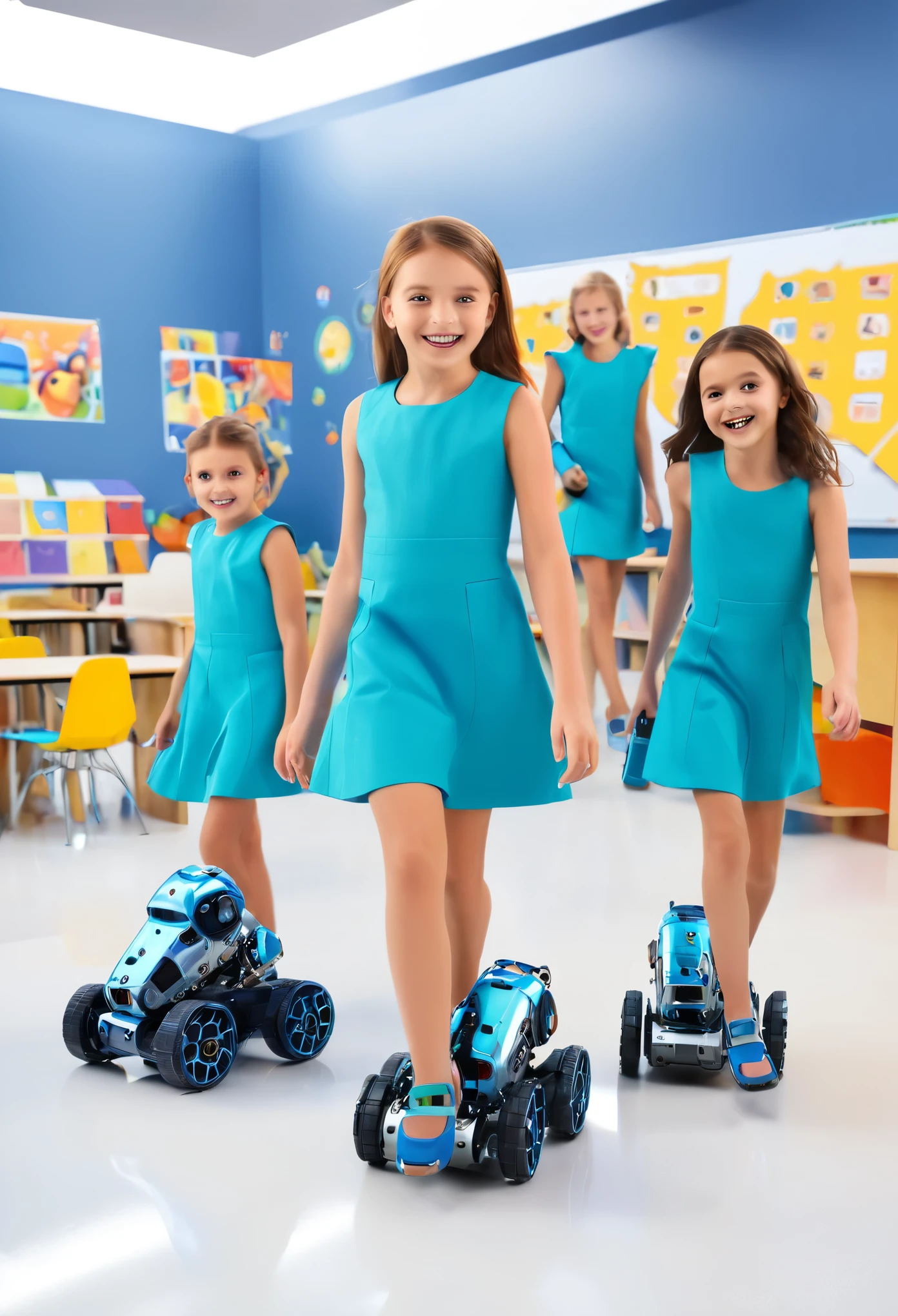 Photos of girls playing with 4 hyper-realistic car-shaped educational robots in a classroom (robots with wheels),(best quality,4k,8k,highres,masterpiece:1.2),ultra-detailed,(realistic,photorealistic,photo-realistic:1.37),illustration,playful scene,bright colors,studio lighting,curious and excited expressions on the girls' faces,neat and organized classroom,educational toys,engaging learning environment,metallic textures on the robots,shiny and glossy surfaces,modern and sleek design of the robots,focused and concentrated actions of the girls,joyful and interactive atmosphere,wide range of vibrant colors,high contrast and deep shadows,illumination from multiple sources,sharp and clear details of the robots' features,meticulous attention to facial features of the girls,expressive eyes and smiles,colourful classroom decorations,clean and polished floors,meticulously crafted artworks hanging on the walls,colourful outfits with contrasting patterns on the girls,creative and imaginative play,learning through hands-on exploration,perfectly clear and crisp vision of the details,attention to texture and reflection of light in every object,happy and positive emotions,realistic rendering of the classroom environment.