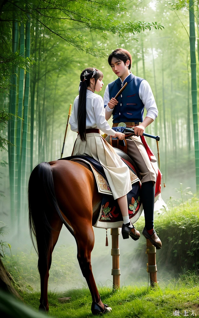 masterpiece,best quality,(Highest quality),(Masterpieces),(Super detailed),{top quality},CG,1 Girl,skirt,双horse尾,bamboo forest,horse,sword,fighting,horseback riding,Your feet,photo,Practical,