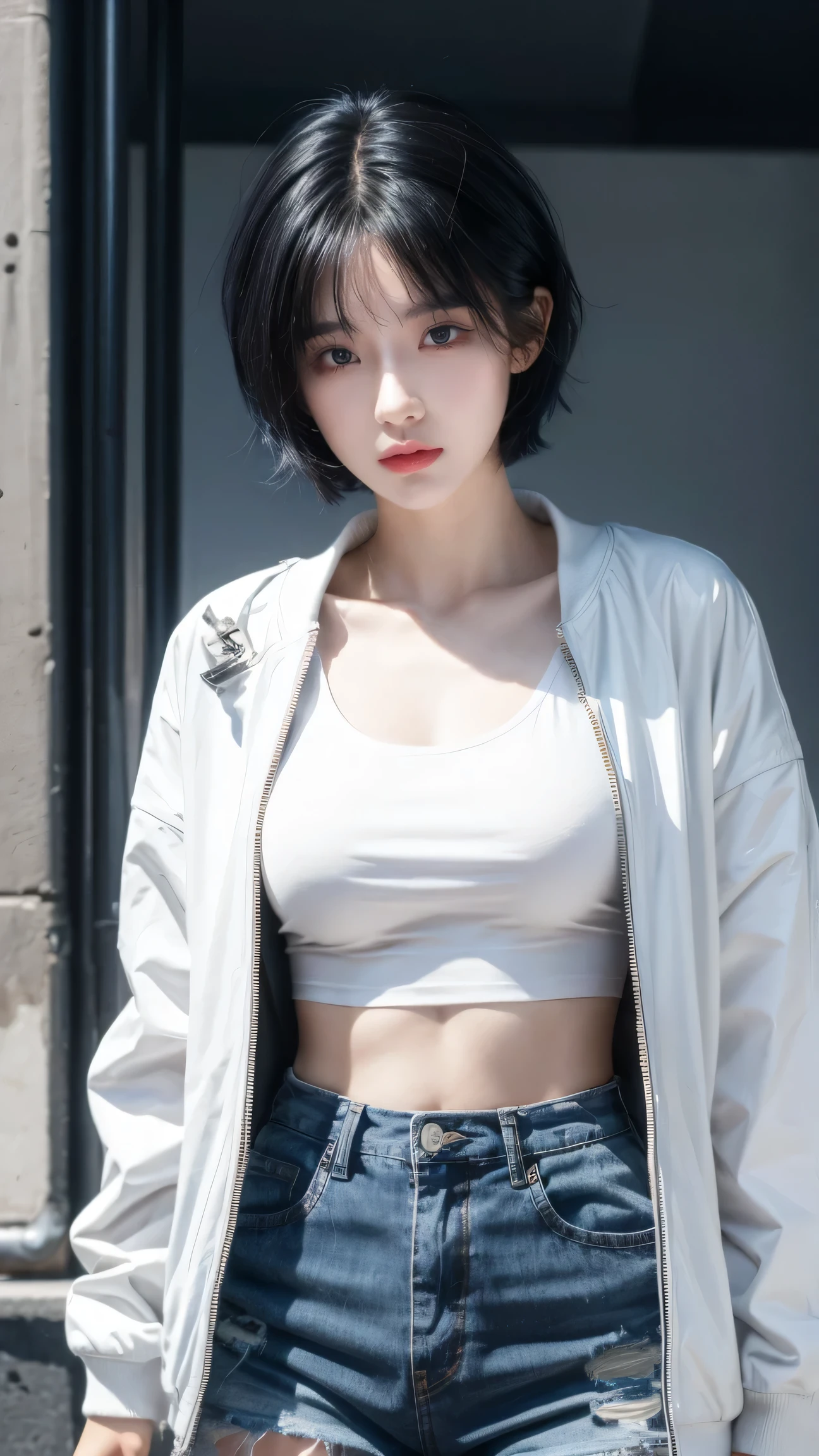 best quality, 1 Girl, dark blue hair, black eyes, Very short hair, Spiky hair, t-shirt, white jacket , High waist short jeans, 171 cm, Messy hair, Hair between the eyes, Medium breasts, full, Tomboy, aldult, 20 years old, 1 Girl