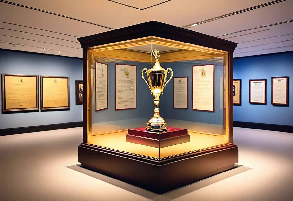 (best quality,ultra-detailed),A display case holds a golden boxing trophy in a boxing museum,illuminated by soft studio lighting, with vivid colors,sharp focus, and a realistic appearance. The trophy shines with intricate engravings and reflections of the surrounding environment. The display case is made of glass and polished wood, adding a touch of elegance to the scene. The museum is filled with boxing memorabilia, including vintage gloves, posters, and photographs, creating a sense of history and nostalgia. The walls of the museum are decorated with motivational quotes and images of legendary boxers. The atmosphere is filled with a combination of excitement, determination, and respect for the sport. The trophy stands as a symbol of triumph, representing the hard work and dedication of the boxers who have held it in the past. Through the glass, viewers can see their own reflections, allowing them to connect with the achievement and understand the personal journey it represents. The exhibit evokes a feeling of awe and inspires visitors to chase their own dreams. The overall color palette is warm and inviting, with golden hues accentuating the importance of the trophy. The lighting highlights the details of the trophy, emphasizing its importance in the museum. The composition of the scene draws the eye to the trophy, making it the focal point of the artwork. The combination of the art style and lighting techniques creates a stunning and captivating image, ready to be admired by boxing enthusiasts and art lovers alike.