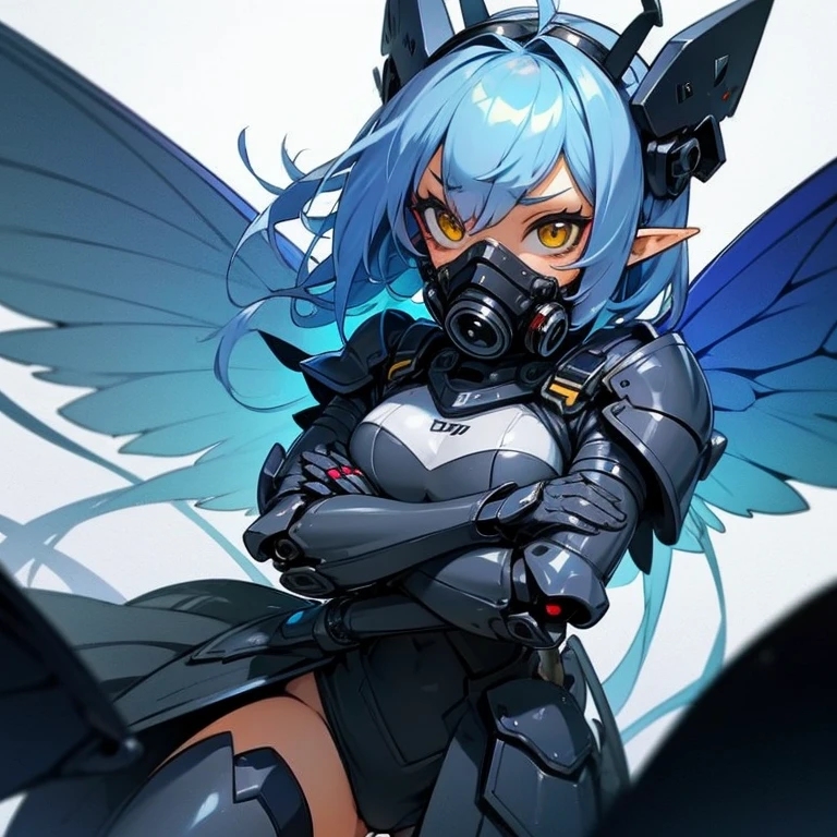 Masterpiece, best quality, expressive eyes, perfect face, 1girl, insect wings, solo, wings, arthropod girl, pointy ears, thighhighs, antennae, blue hair, crown, monster girl, yellow eyes, cybernetic augmentation, gas mask, armor,crossed arms