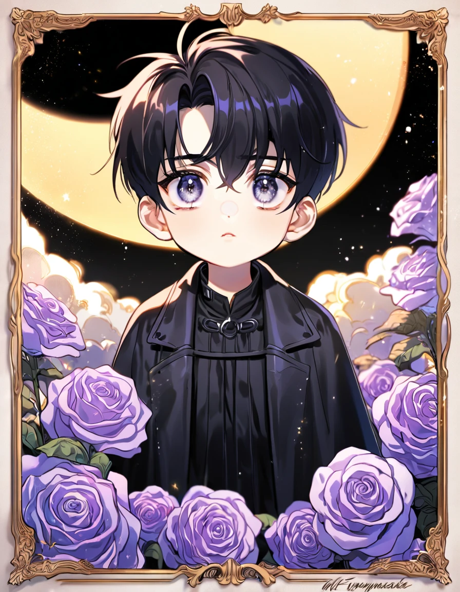 (absurdres, highres, ultra detailed, HDR) master piece, best quality, perfect face, delicate features, Yoo Joonghyuk as a little ???, black hair, expressive gray eyes, Omniscient reader's viewpoint, solo, cute, black coat, black shirt, moon, purple flames, purple butterflies, purple roses, starry sky