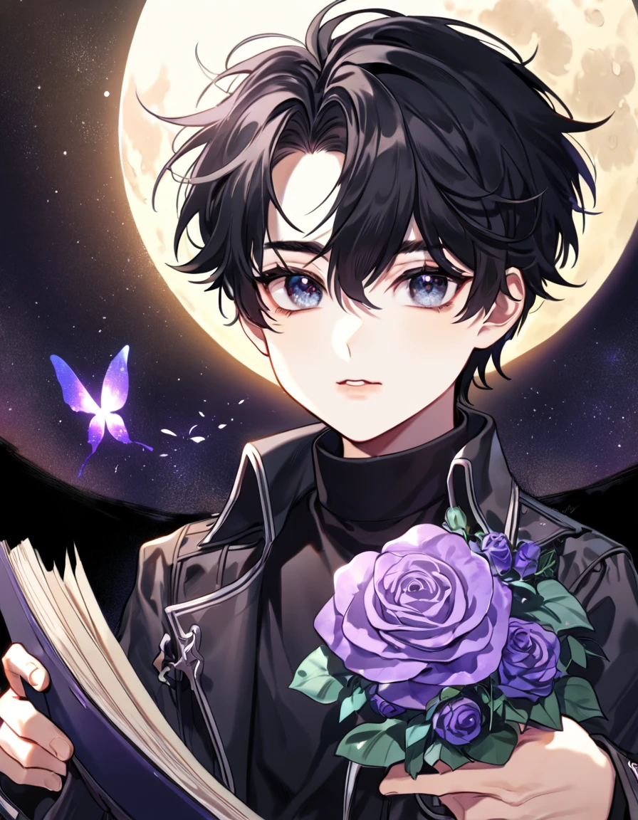 (absurdres, highres, ultra detailed, HDR) master piece, best quality, perfect face, delicate features, Yoo Joonghyuk as a little kid, black hair, expressive gray eyes, Omniscient reader's viewpoint, solo, cute, black coat, black shirt, moon, purple flames, purple butterflies, purple roses, starry sky