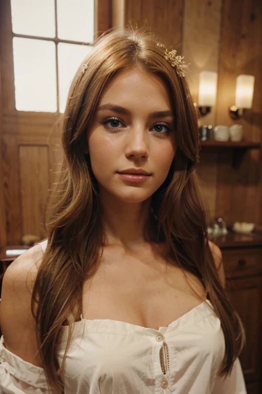 Full body image. Light Copper-blonde hair color, fine facial features, blue slightly sleepy eyes