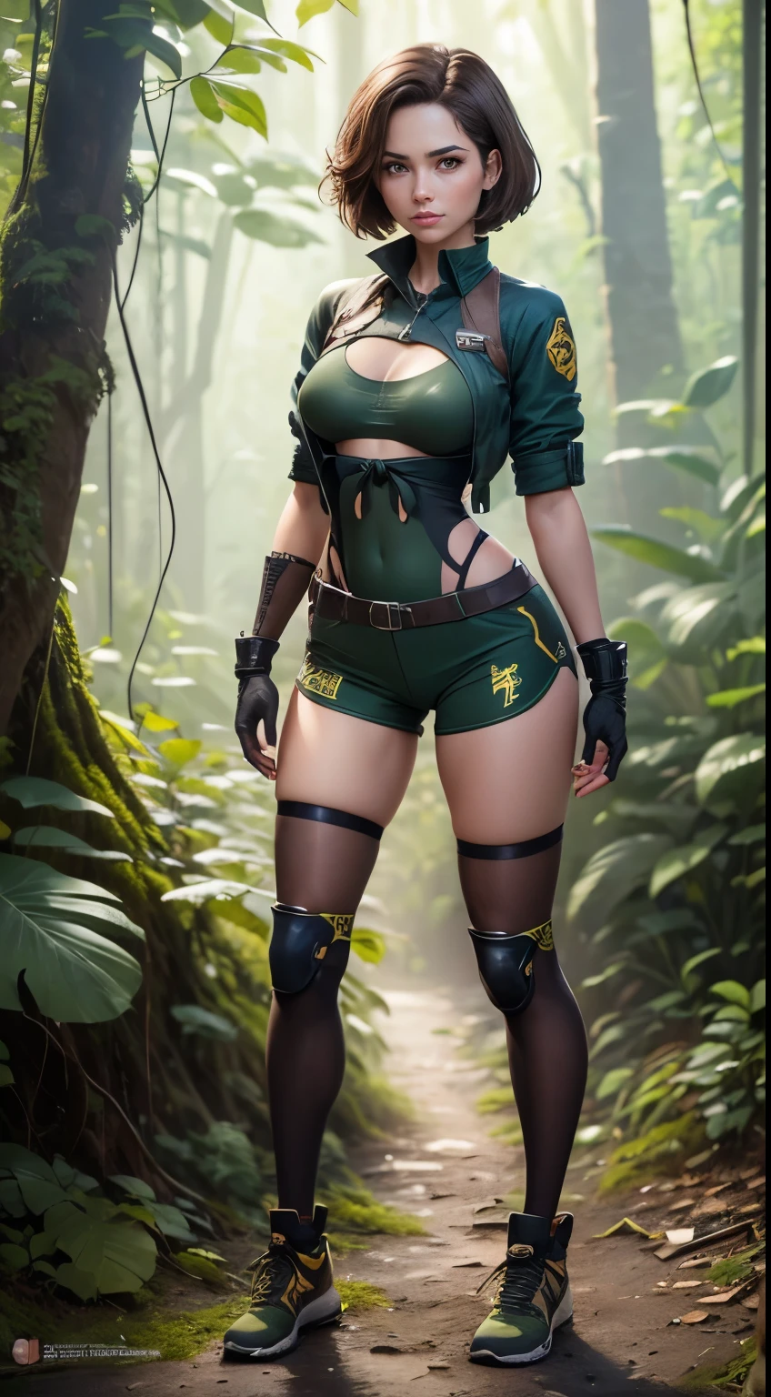 (((1 woman))), (((full body))), 3DMM Style, 128K Ultra High Definition, 128K Ultra High Quality, 128K Ultra High Resolution, 128K Definition, 128K Quality, 128K Resolution, Best Definition, Best Quality, Best Resolution, hyper detailed, Hyper definition, hyper quality, Hyper resolution, Perfectly detailed, Perfectly Designed, artwork, Body Shot, (((Beautiful woman))), (((short brown hair))), (((body in good shape))), (((average breasts))), (((31 years old))), (((printed shirt))), (((tied shirt))), (((dark green bodysuit))) , (((body under clothes))), (((single glove))), (((print shorts))), (((knee pads))), (((bare-legged))), ( ((gloves on hands))) , Background of the trail in the Amazon rainforest, Posture with arms crossed, perfect hands, dedos perfeitos