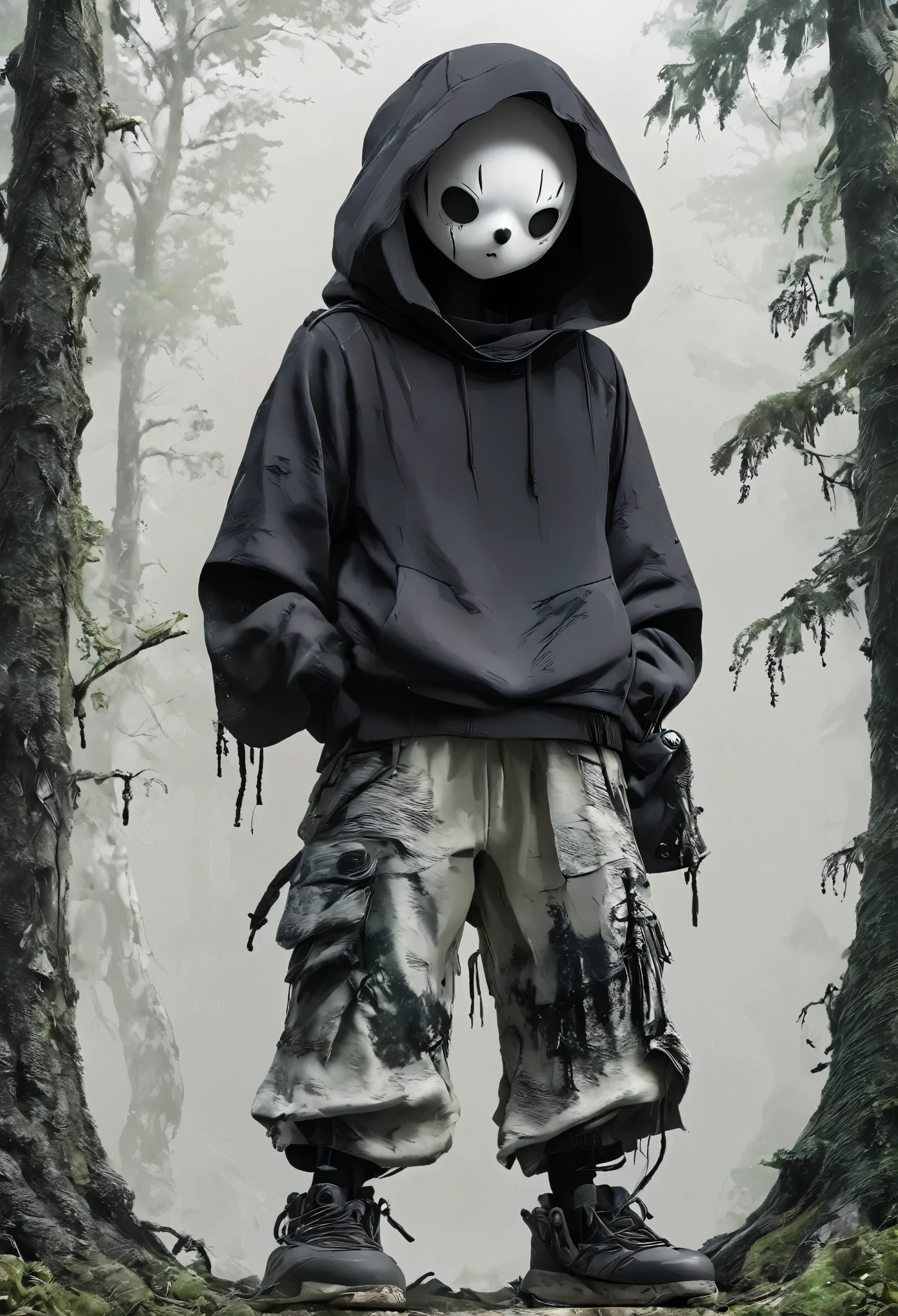 1boy,beads,black eyes,full body,,hood,hood down,looking at viewer,old,pants,solo,standing，Stand high，Beautiful scenery，horrifying，forest